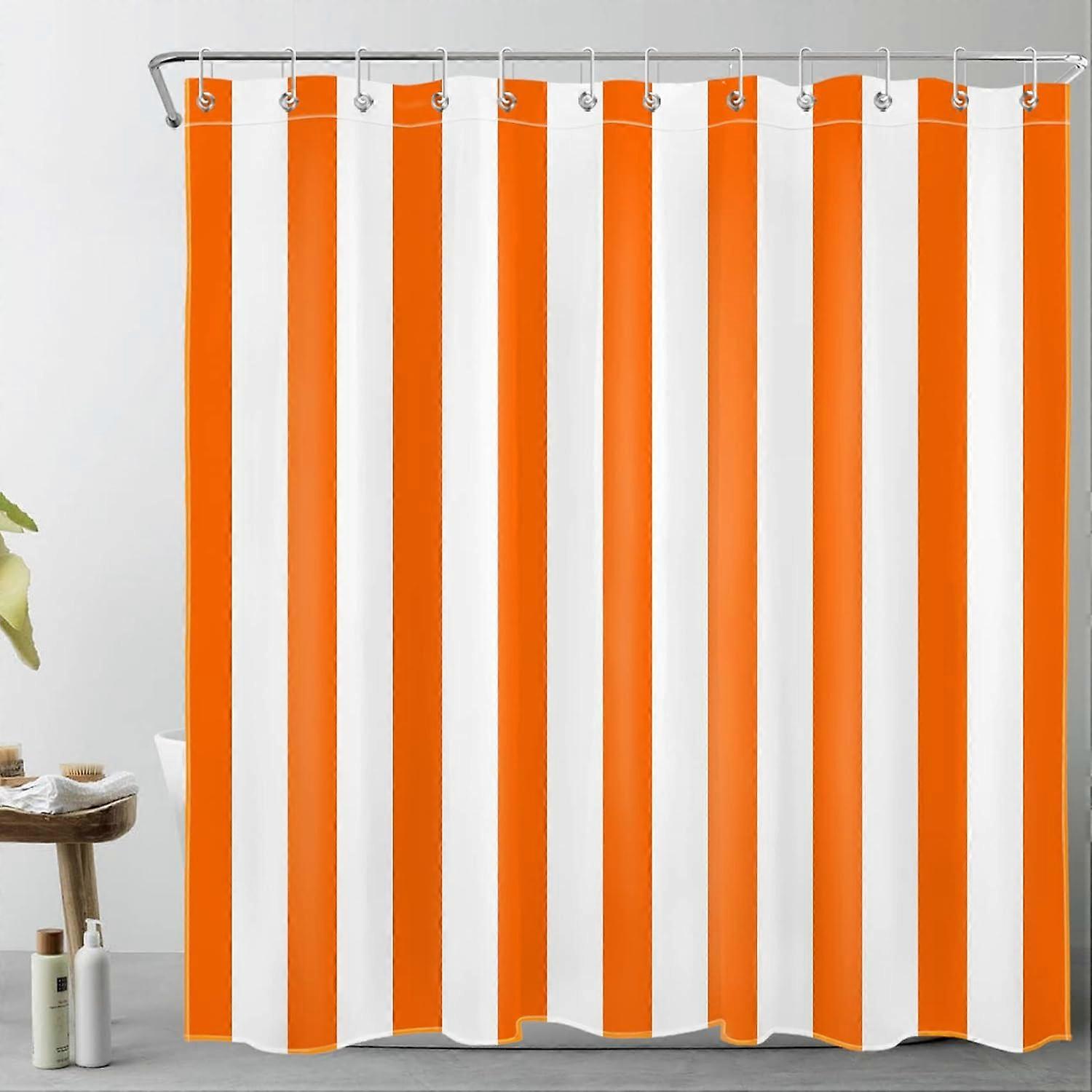 Orange and White Striped Fabric Shower Curtain for Bathroom with 12
