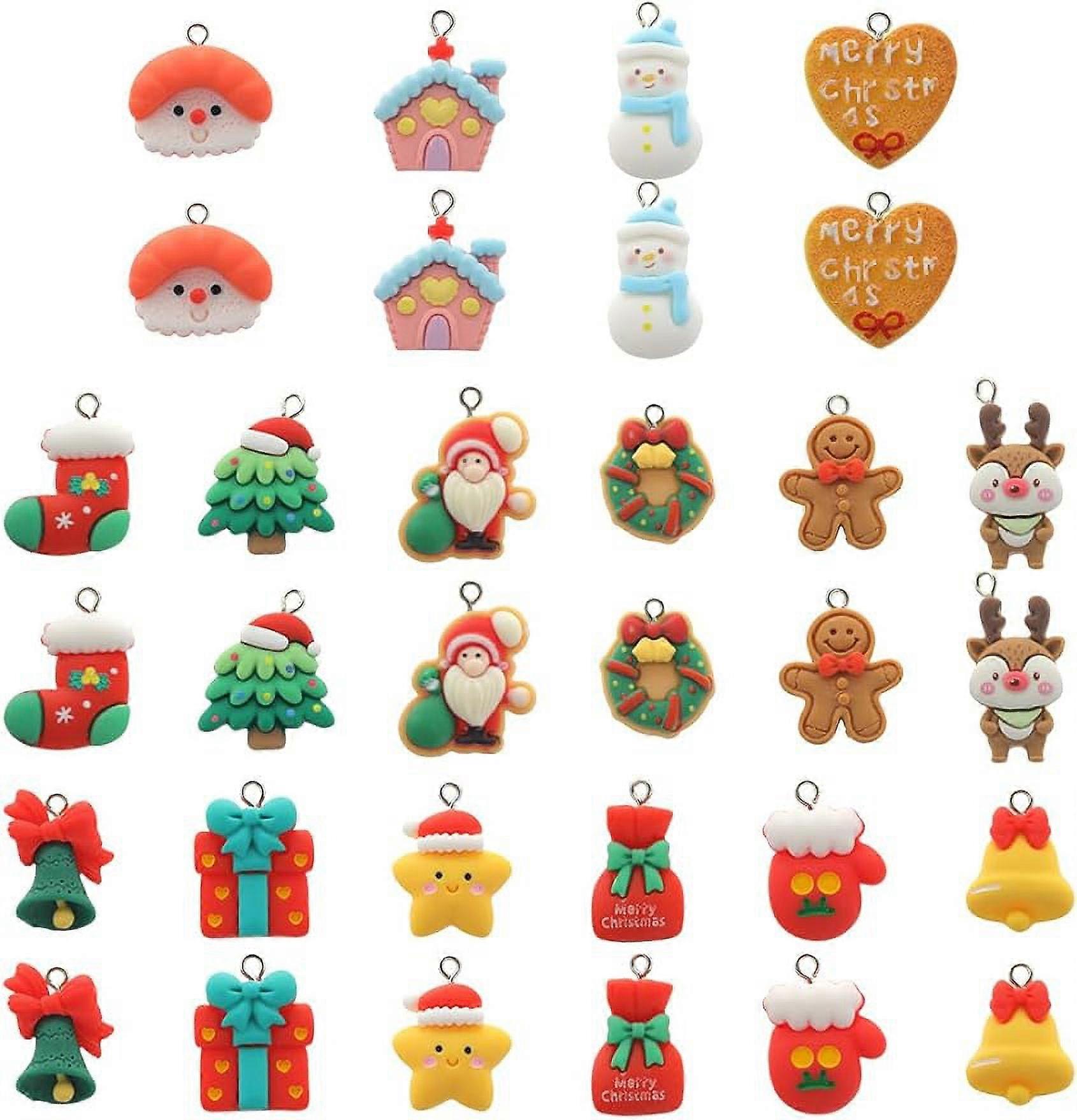 32Pcs 16Styles Christmas Charms Bulk Xmas Charm Resin Cartoon Gingerbread Man Tree Snowman Mixed Colorful Deer Pink House Charm for Jewelry Making Cha