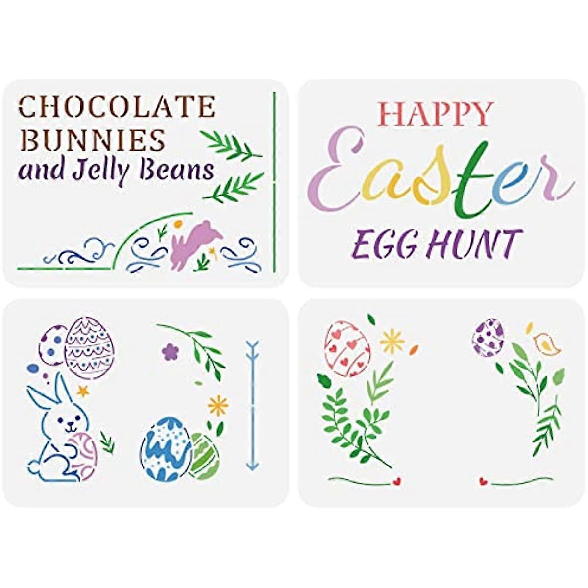 4 Pcs Easter Stencils Happy Easter Stencil Plastic Bunny Flowers Eggs Leaves Pattern Painting Stencil Reusable Easter Egg Hunt Stencil for Holiday Dec