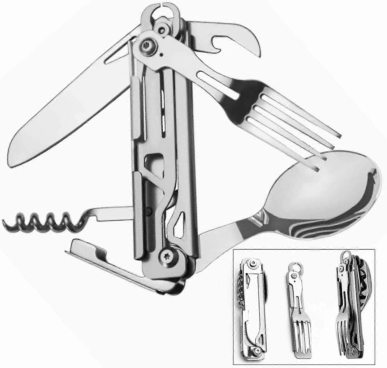 Camping Cutlery, 5-in-1 Reusable Stainless Steel Foldable Multifunctional Tableware Set For Camping And Picnics And Hiking - HHWW