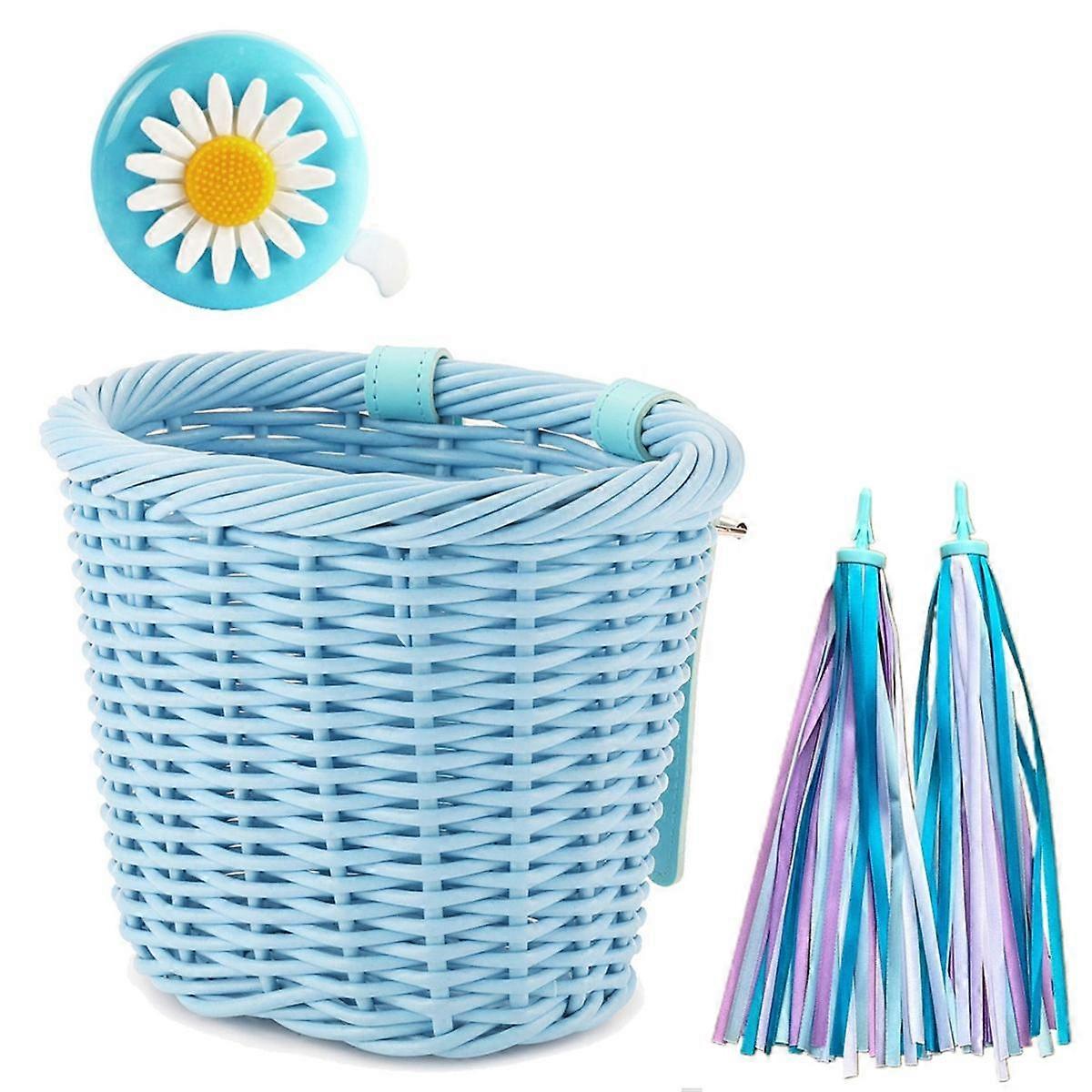 1Set Rattan Wicker Bicycle Front Basket+Bell++Stickers Adjustable Handwoven Adult Bike Handlebar Ac