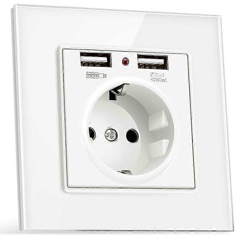 منافذ كهربائية للحائط مقبس كهربائي للتوصيل من الاتحاد الأوروبي 230 فولت 16 أمبير + 2 شواحن USB 5 فولت 2.1 أمبير لوحة زجاجية مقبس ألماني أبيض جيد