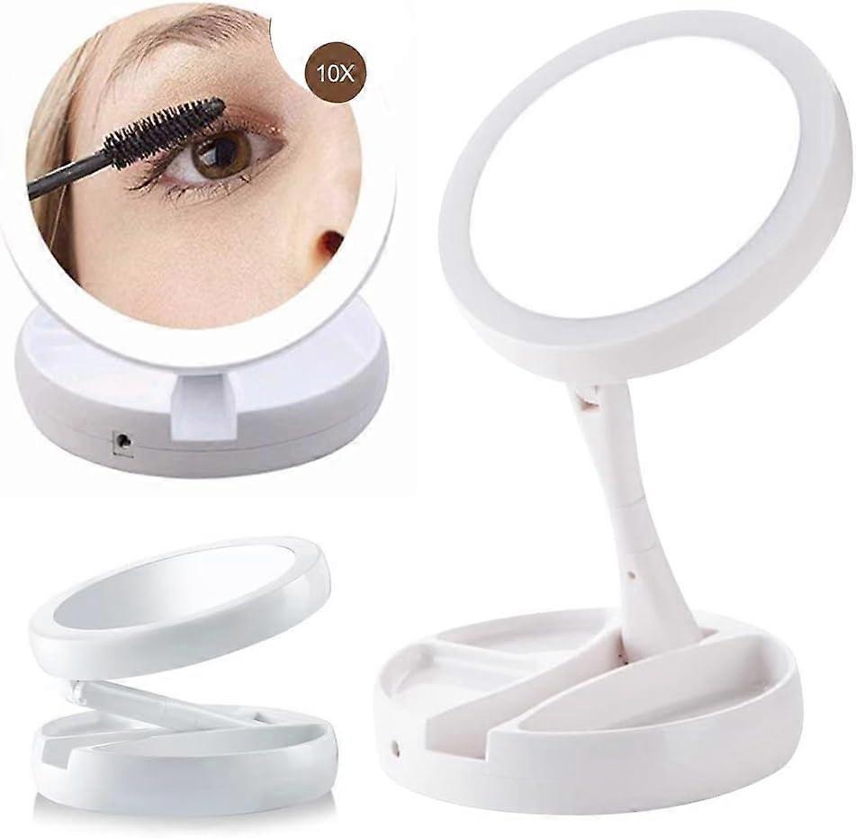 Led Folding Makeup Mirror with 1X/10X Magnification, LED Light Up Double-sided Desktop Cosmetic Mirror USB Luminous Portable Storage Mirror for Table 