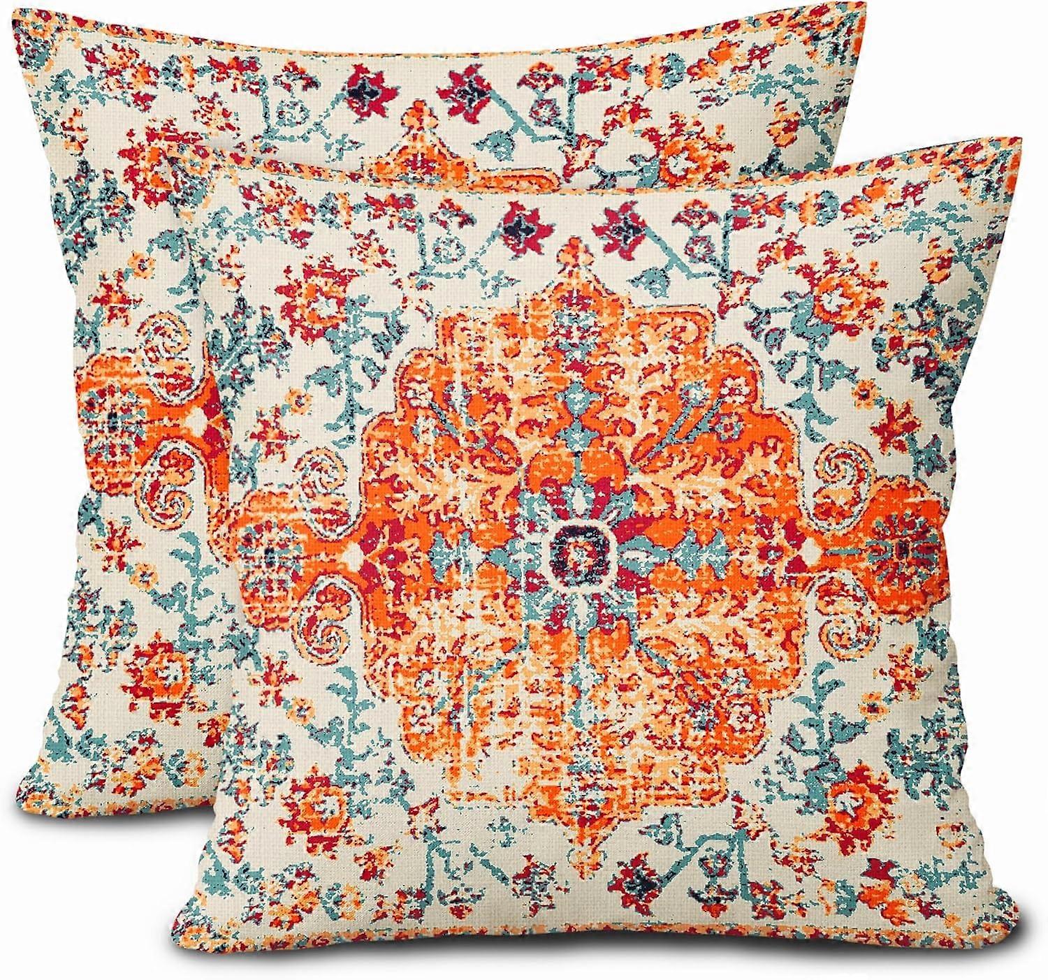 オレンジブルーの自由奔放に生きる枕カバー16X16インチのボヘミアンカーペットヴィンテージエスニックソファ枕ケース錆珊瑚花のスロー枕2つの素朴な家の装飾のセット