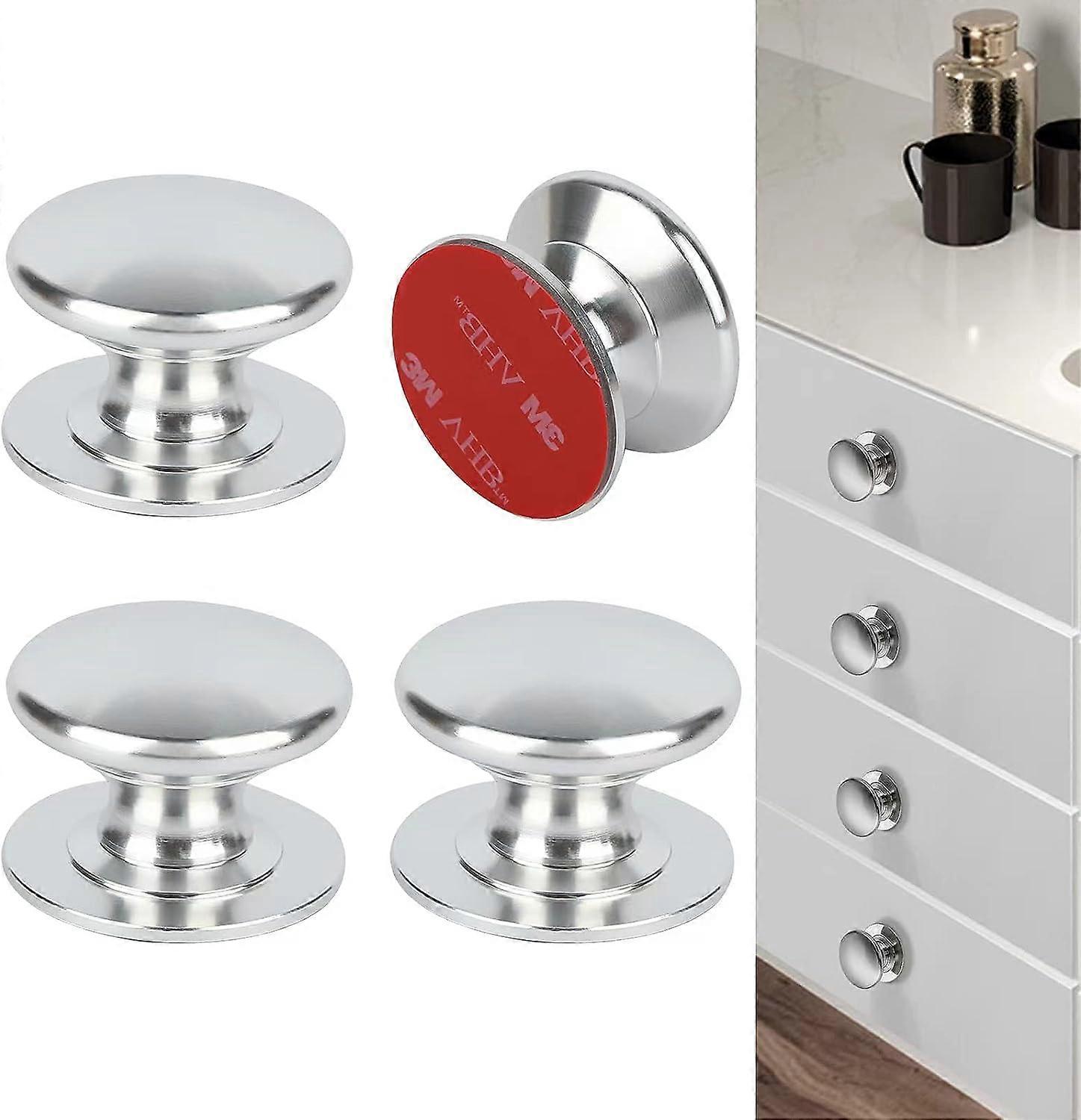 4 Pack Aluminum Self-Stick Knobs No Drilling Self-Adhesive Drawer Knobs Silver Cabinet Handle Pull with Adhesive Black Stick  4pcs/Set (Silver)
