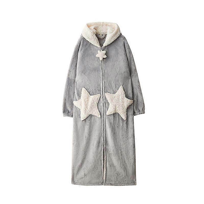Womens Robe Zipper Bathrobes Plush with Star Moon Pocketgrey