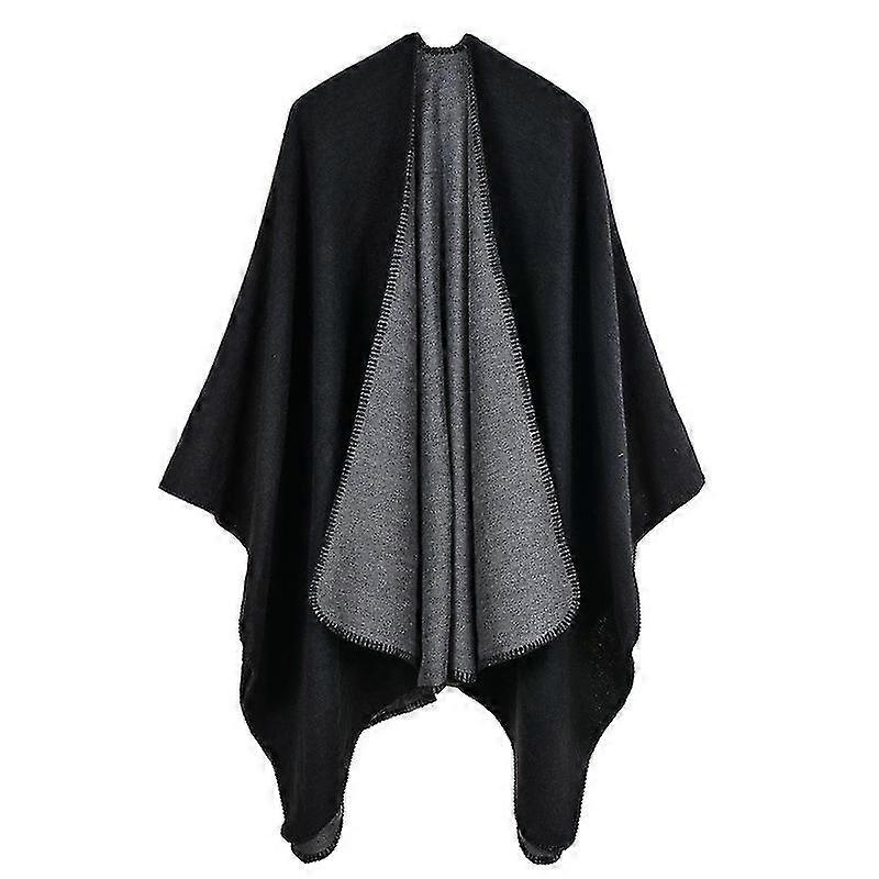 Cashmere Feel Poncho Dual Colored Shawl Wrap With Open Front Long Sweater Coat