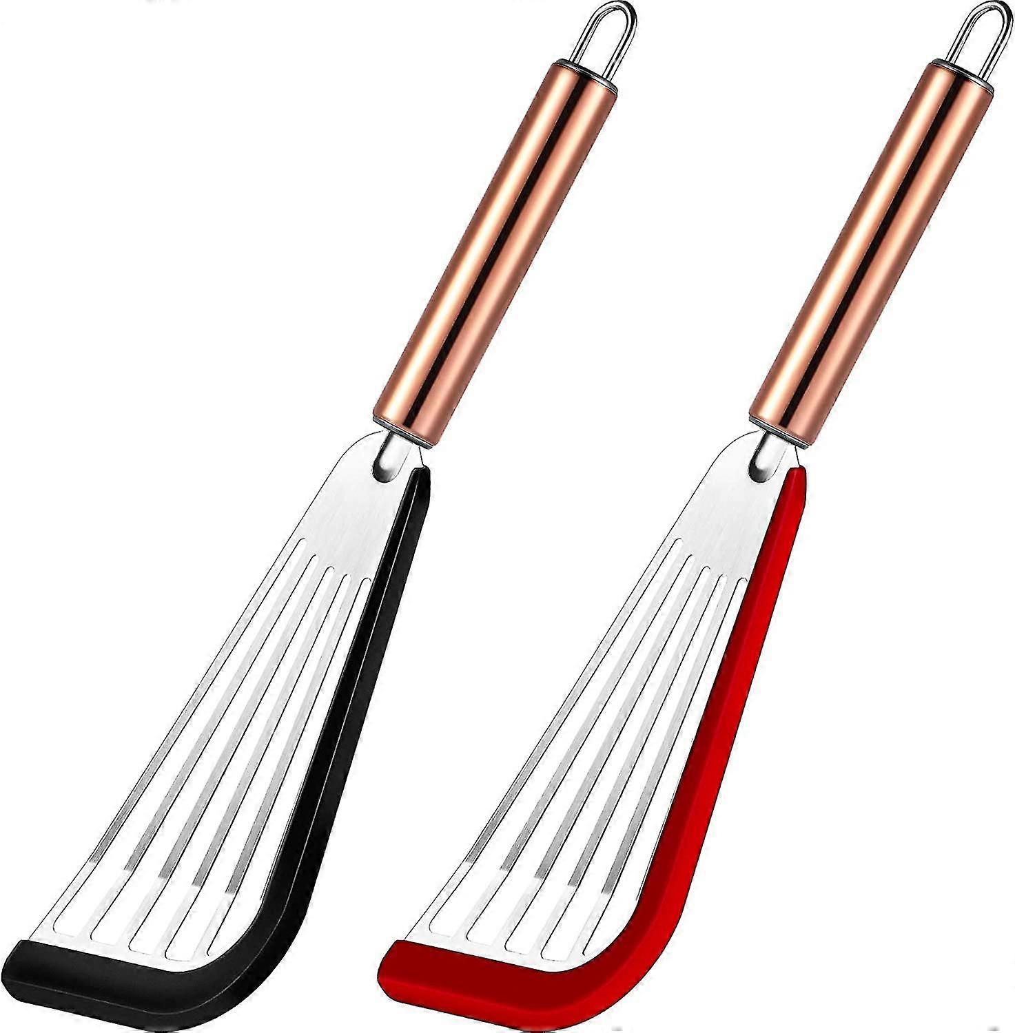 Slotted Spatula Flexible Stainless Steel Spatula With Silicone Top Soft Edge Slotted Spatula Turner With Golden Handle (2, Black And Red)