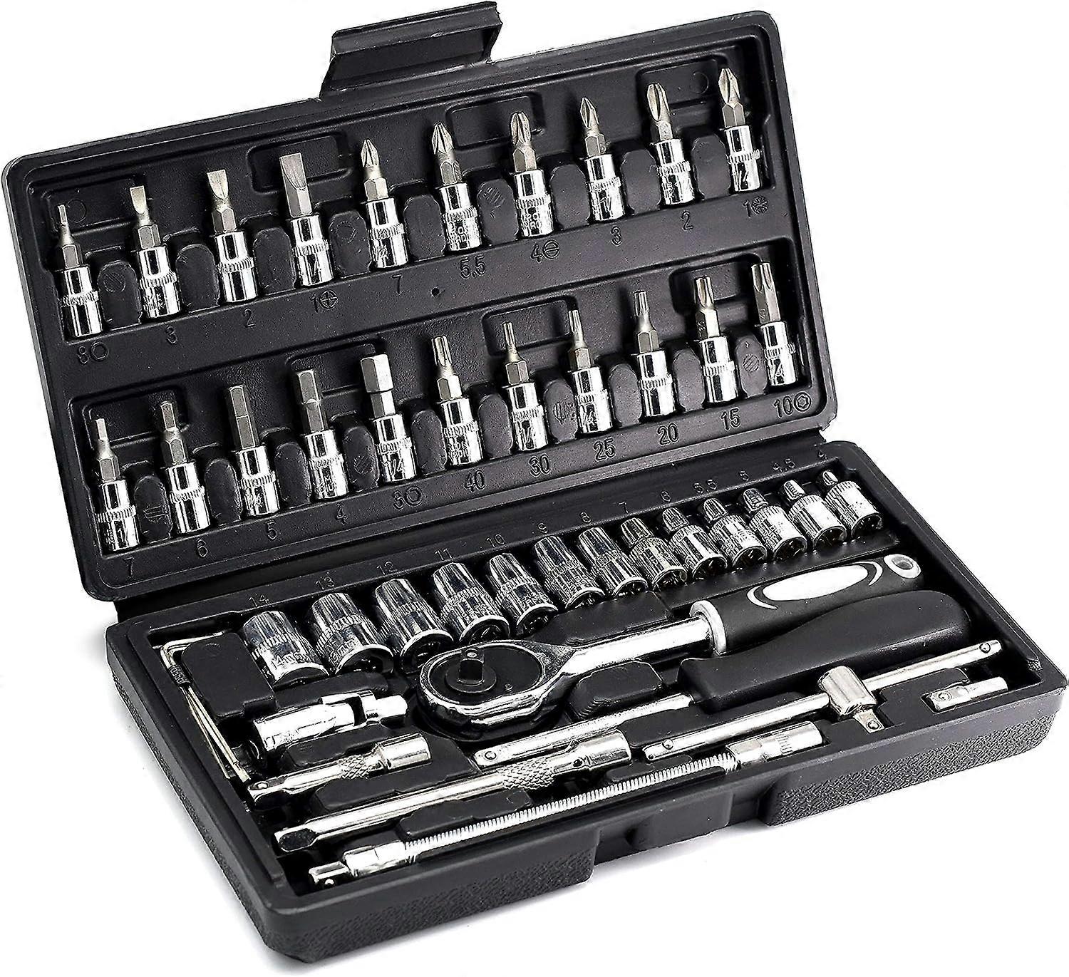 46 Piece 1/4 Socket Wrench Set Metric Tool Kit with Wrench Handle, Extension Bars, Flexible Extension Rods,Sockets,Bits, Quick Release Reversible Ratc