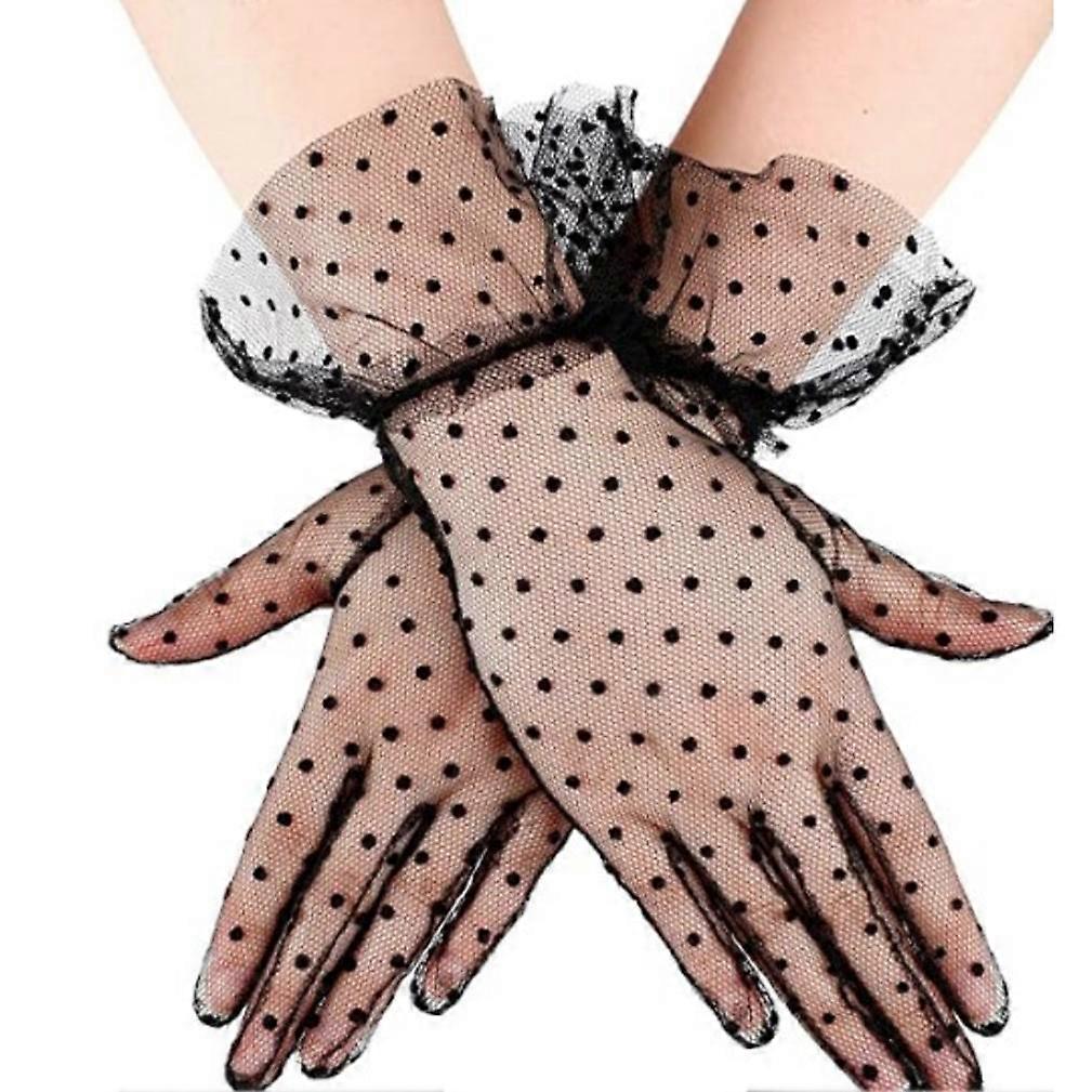 Lace Short Gloves Dots Elastic Sun Protecion Fringe Gloves Black