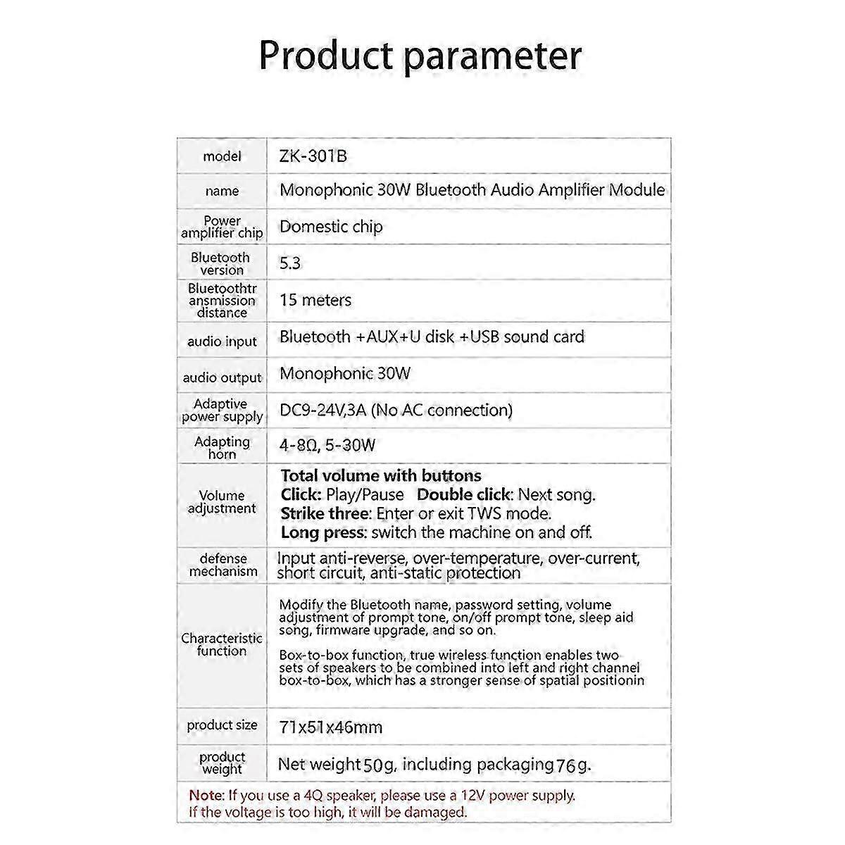 Zk301b Mono 30W BT5.3 Digital Audio Amplifier Module unterstützt True Wireless TWS mit App DIY Simple Mono Amplifier Board