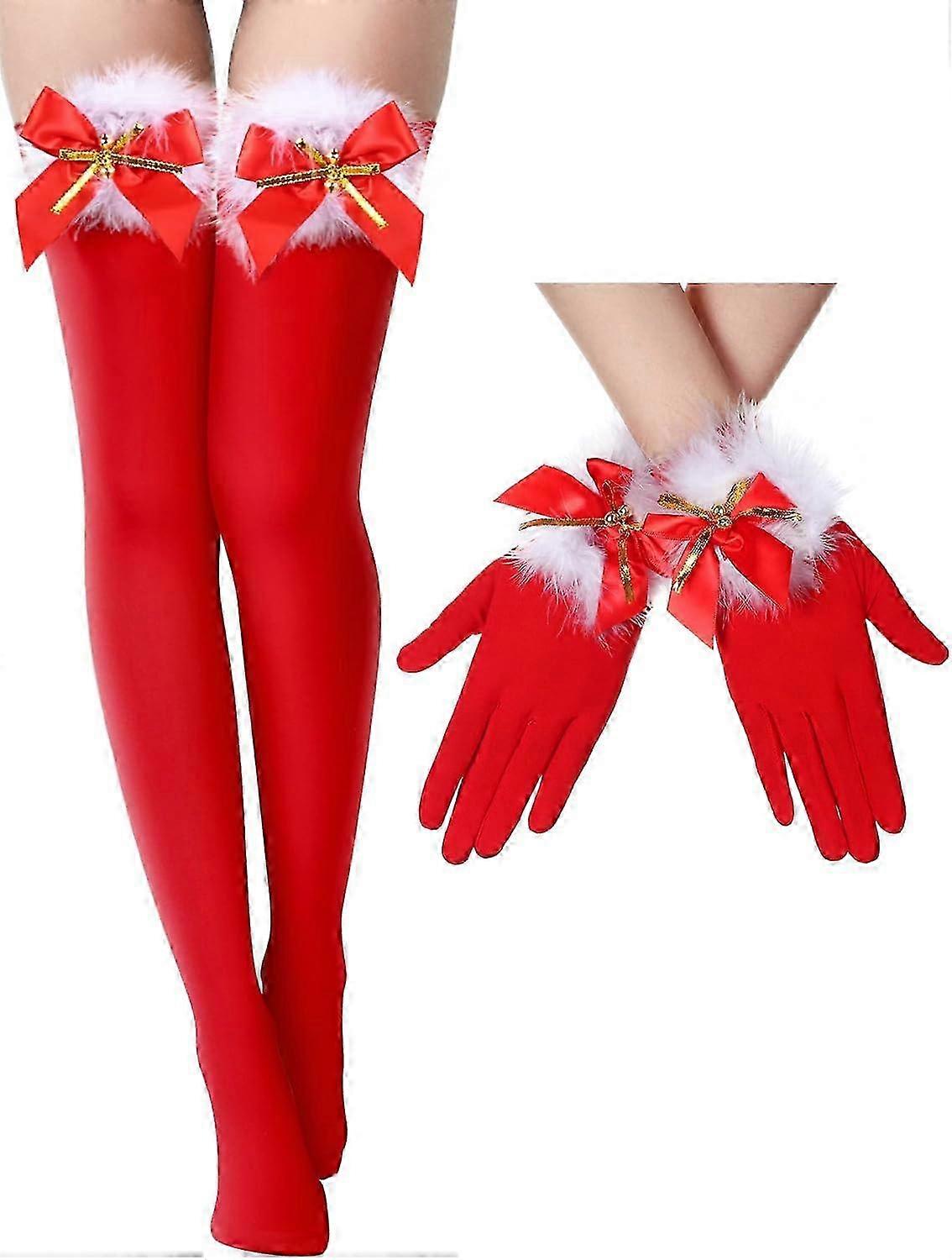 Christmas Bow Red Thigh High Stockings and Bow Red Gloves Christmas Costume Red