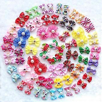 50pcs/pack Dog Hair Bows Pairs Rhinestone Pearls Flowers Topknot Mix Styles Dog Bows Pet Grooming Products Mix Colors Pet Hair Bows Topknot Rubber Ban