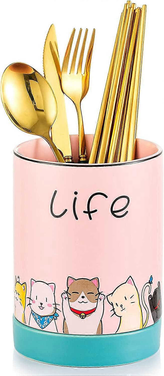 Kitchen Utensil Holder, Ceramic Cutlery Holder with Cute Cat Pattern, Convenient Kitchen