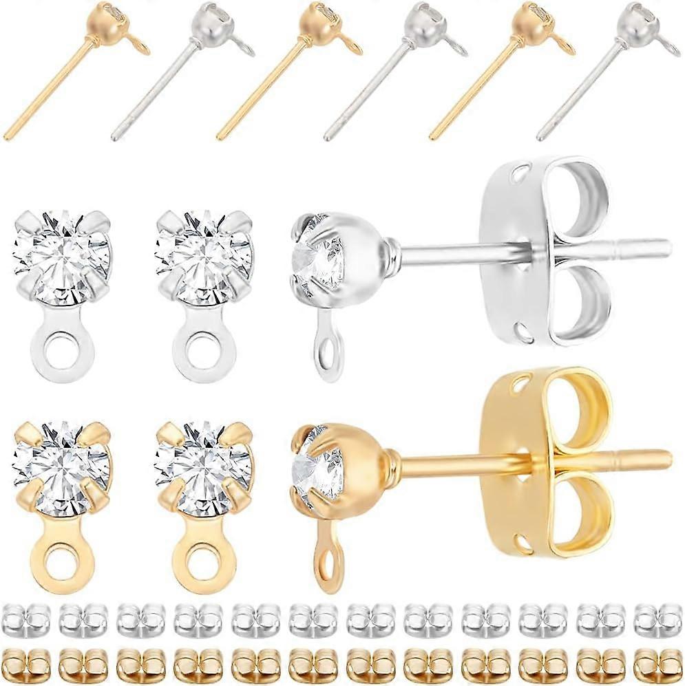 1 Box 40Pcs 2 Colors Post Studs Earrings with Loop 18K Gold & Platinum Plated Cubic Zirconia Stud Earring Findings and 40Pcs Butterfly Earring Backs f