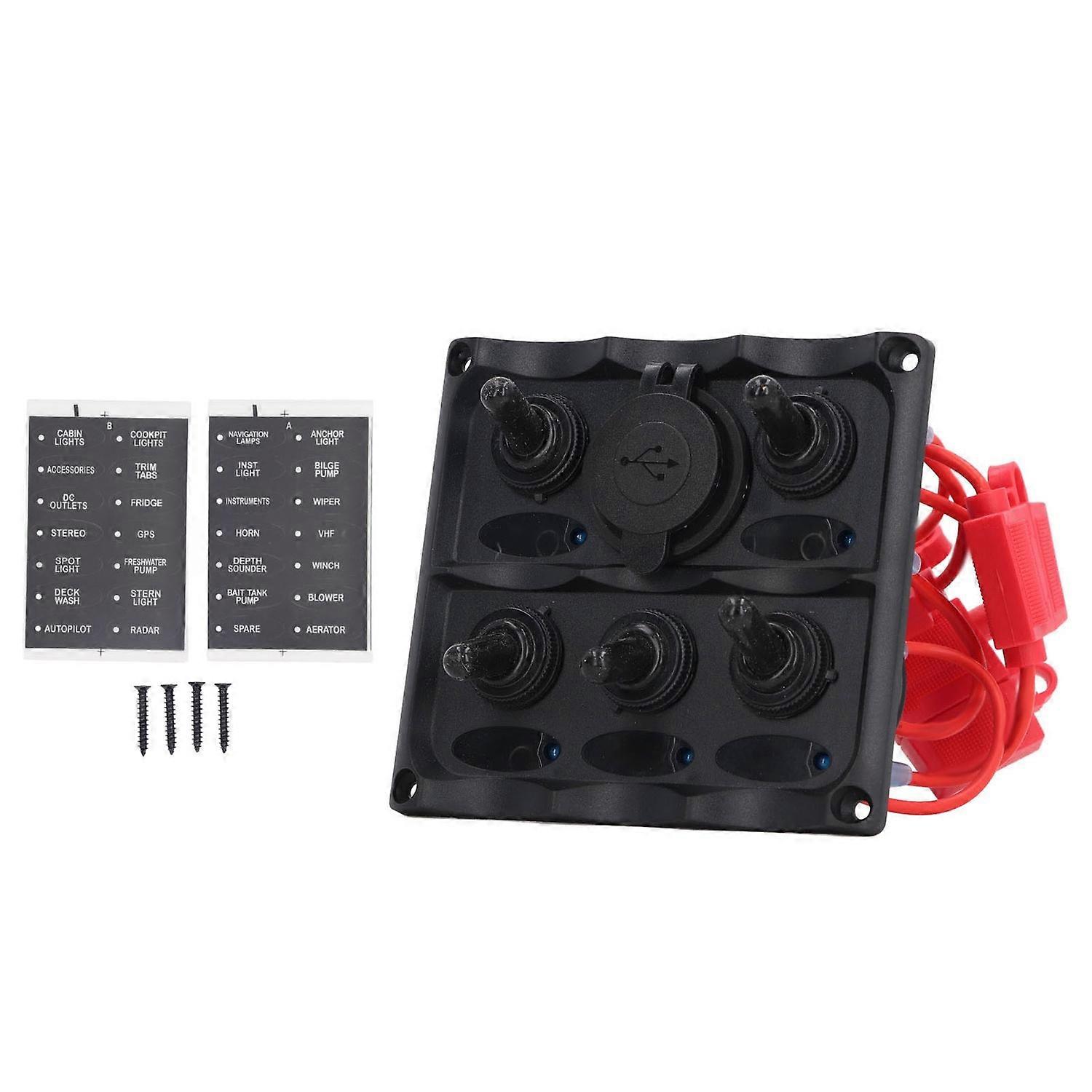 Rocker Switch Panel 2 USB Port 5 Gang Rocker Switch Panel Marine Switch Panel with Waterproof Switch