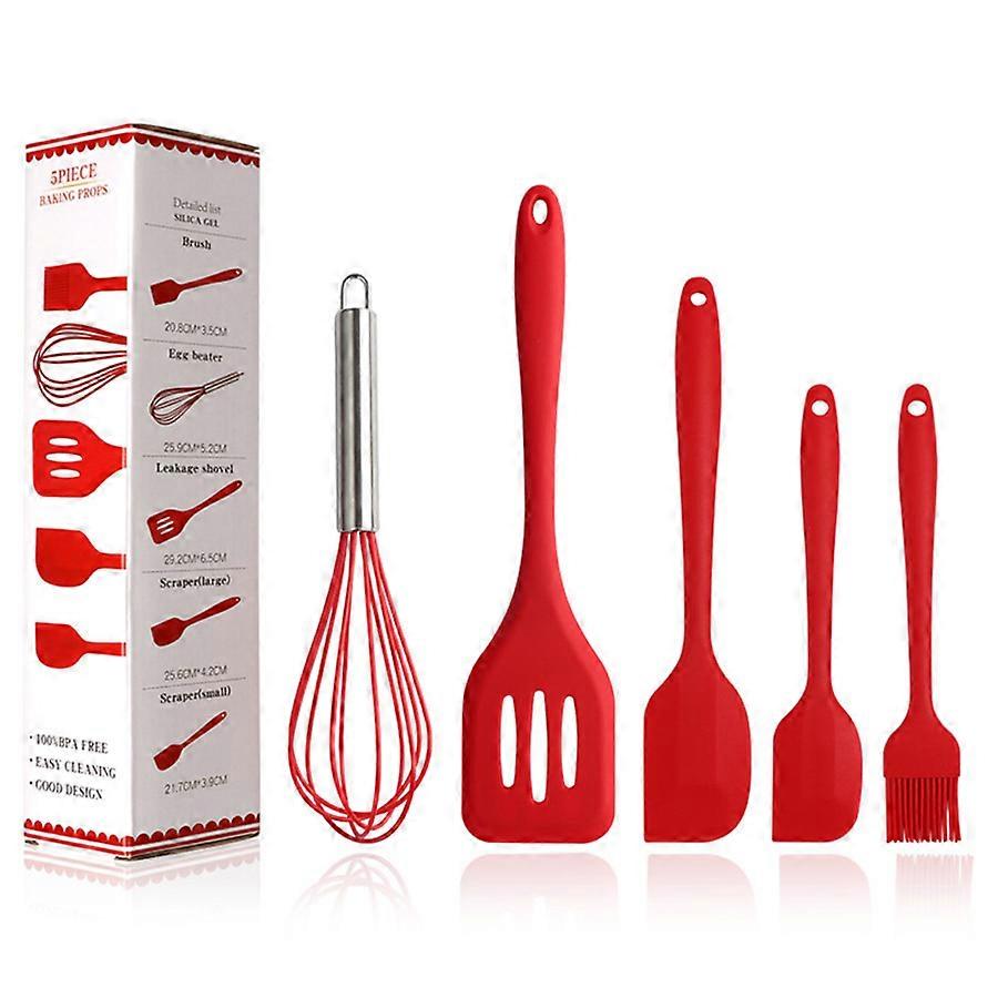 Cooking Ware Set 5 pcs - Red Silicone Spatula Beater, Brush Kit