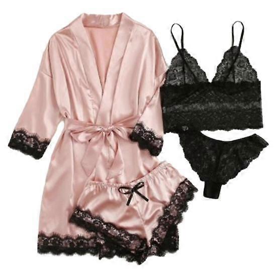 4Pcs/Set Women Nightgown Suit Sexy Lace Strap Bra G-String Thong Short Pants Glossy Faux Satin Belted Loose Nightdress Sleepwear Kit