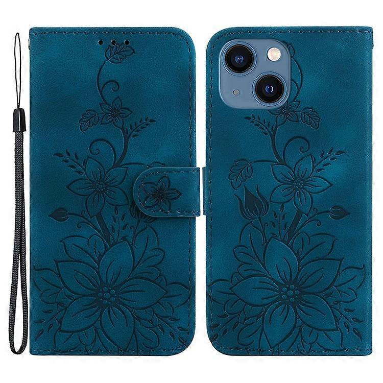 Compatible For iPhone 15 Imprinted Lily Flower Case PU Leather Folio Flip Wallet Stand Shell