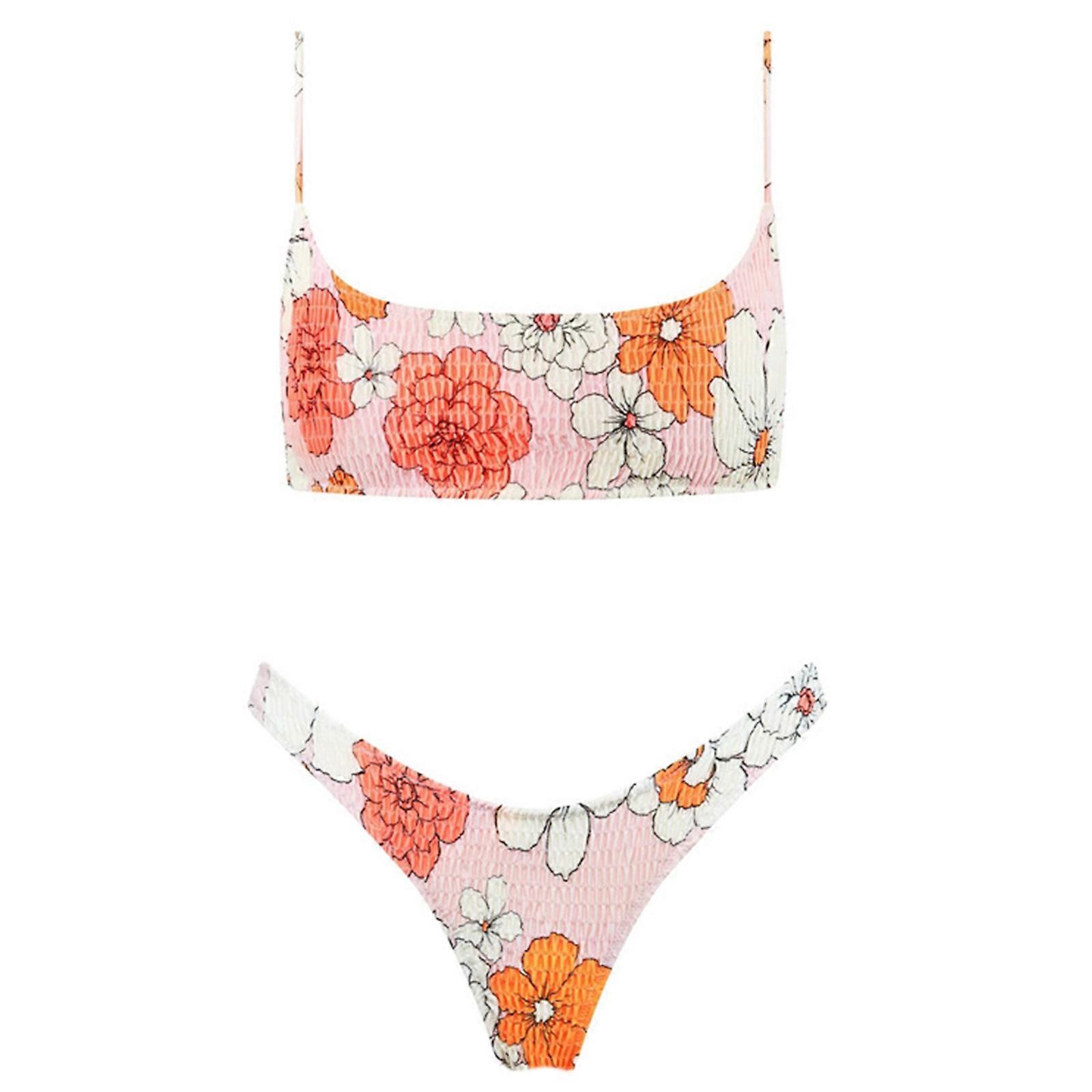 Kvinner Todelt Sexy High Cut Thong Badedrakt Sett Push Up Bikinier Sett Justerbare stropper Badetøy Badedrakter Strandtøy oransje blomst S
