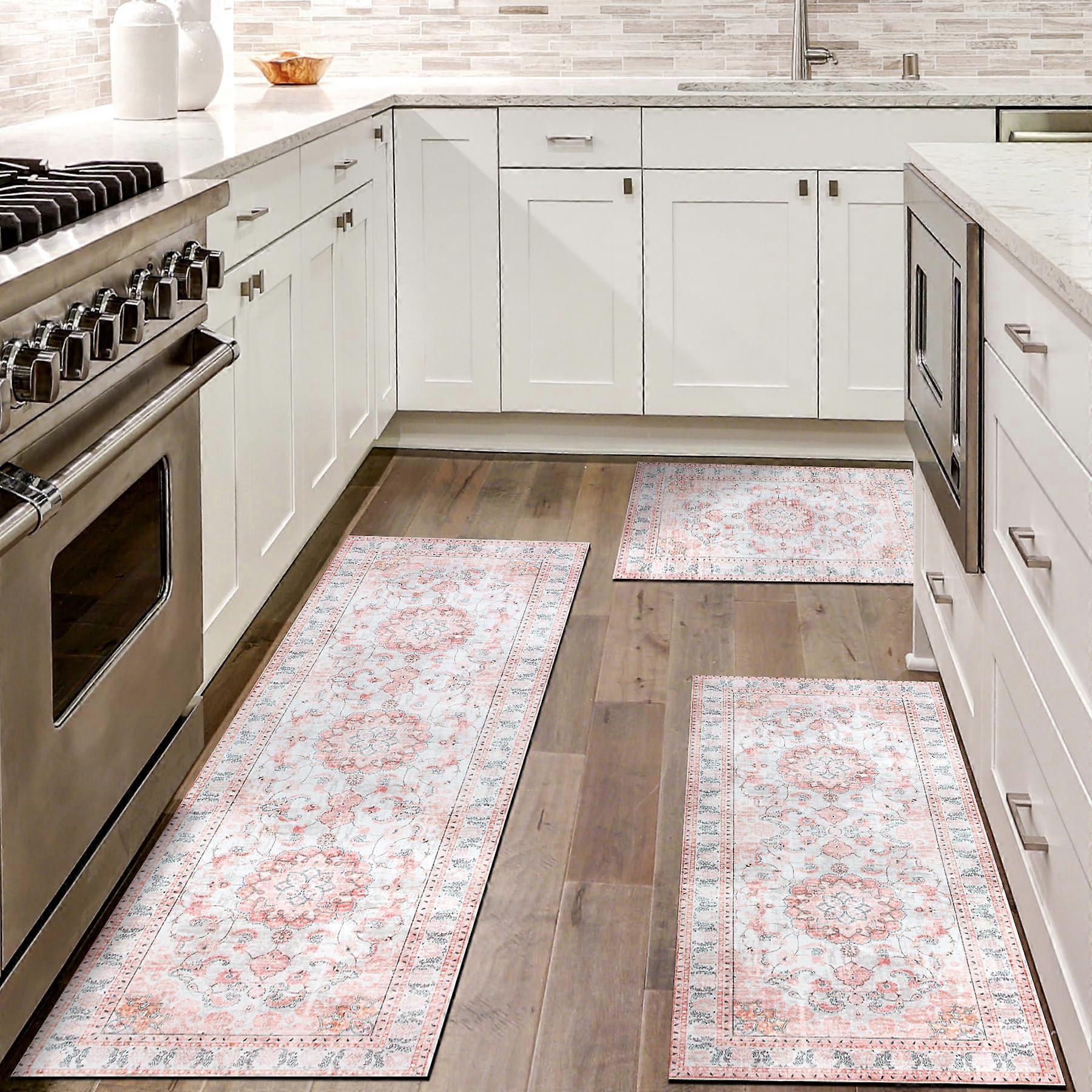 Kitchen Rugs Sets of 3 Washable Non-Slip Rubber Mats for Floor Laundry Room Entryway Pink 3 Piece Runner Carpet Set