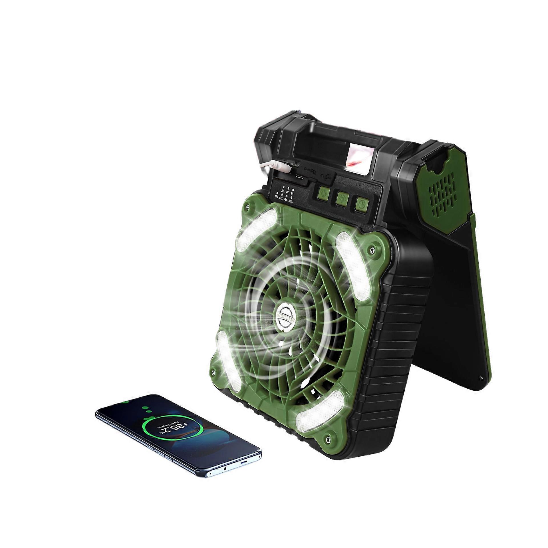 Solar Camping Fan with LED Lantern and USB-C 4-in-1 Portable Table Fan, 90 Rotation, 4 Speeds, Suitable for Tents, Offices, Bedrooms and Outdoors
