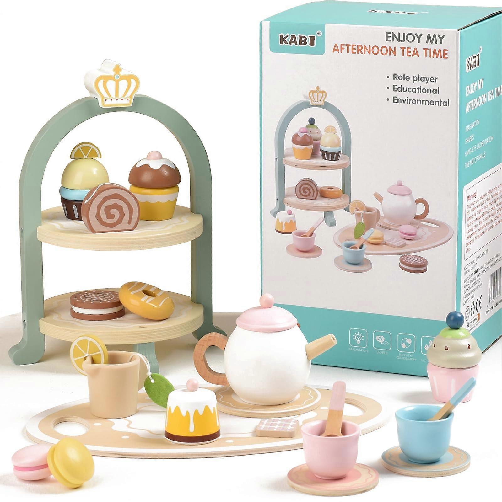 Wooden Tea Party Set for Little Girls with Cupcake Stand and Dessert Food, Pretend Play Kitchen Toys for 3-6 Year Olds