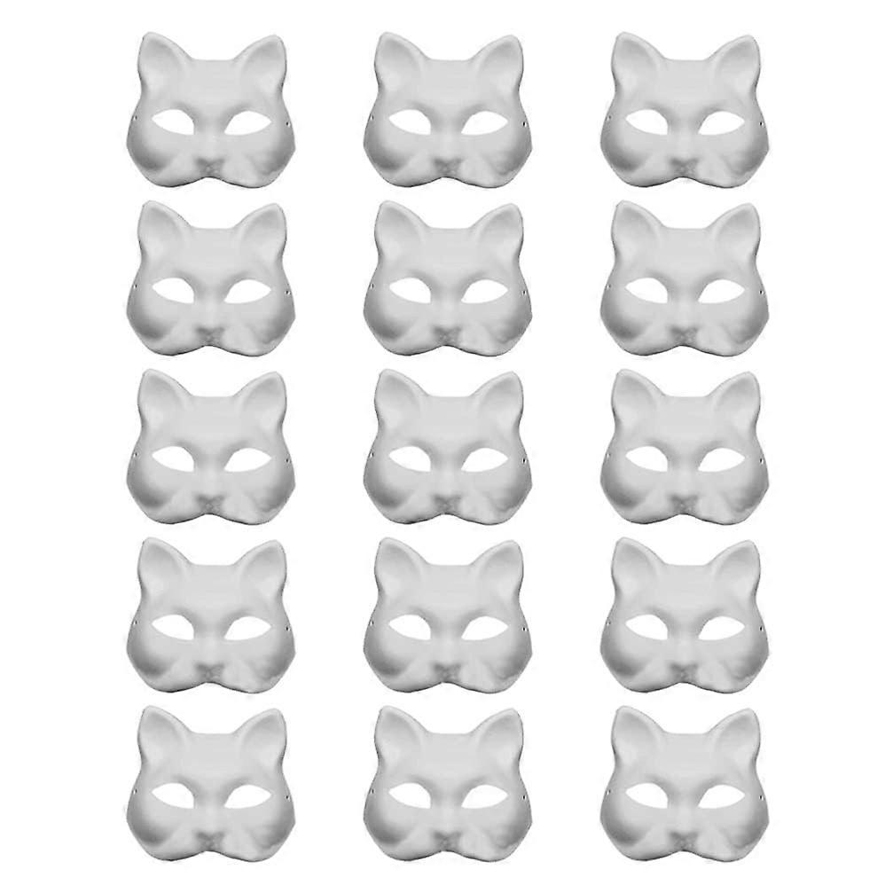 15Pcs White Cat Masks Halloween Mask Blank DIY Unpainted Therian Mask for Halloween Masquerade Party