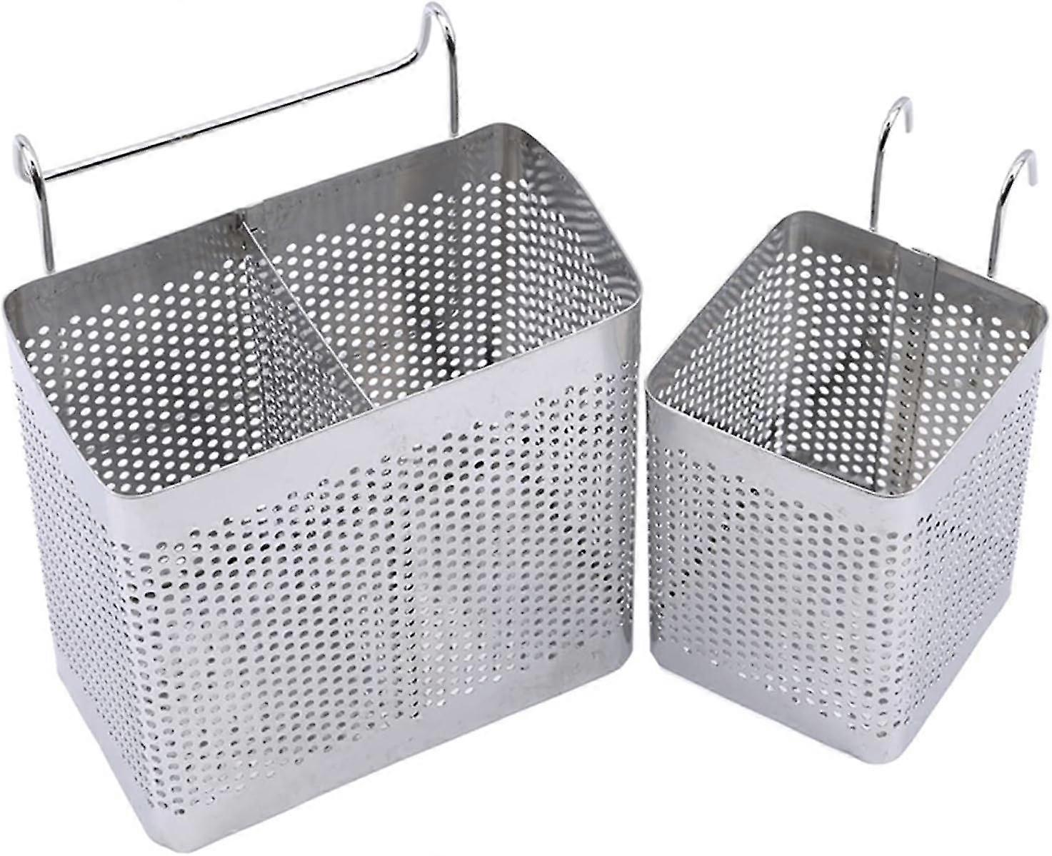 Stainless Steel Kitchen Utensil Caddy - Square Double Grid Tableware Storage