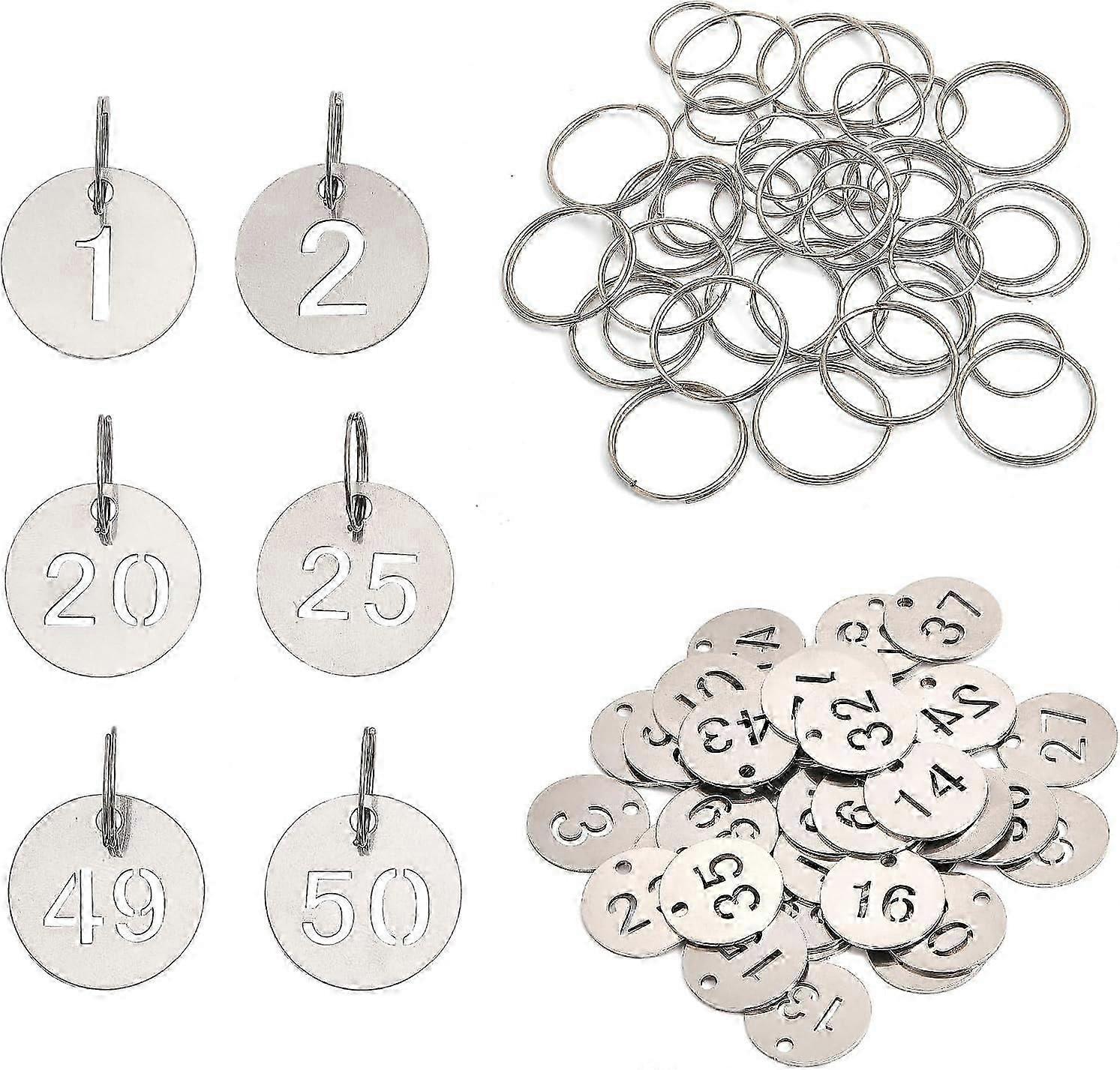 50 قطعة عدد العلامات الفولاذ المقاوم للصدأ معدن دائري علامات مرقمة رقم المعرف علامات تحديد الهوية شنق تسمية العلامات مع 50 قطعة حلقات المفاتيح (1-50)