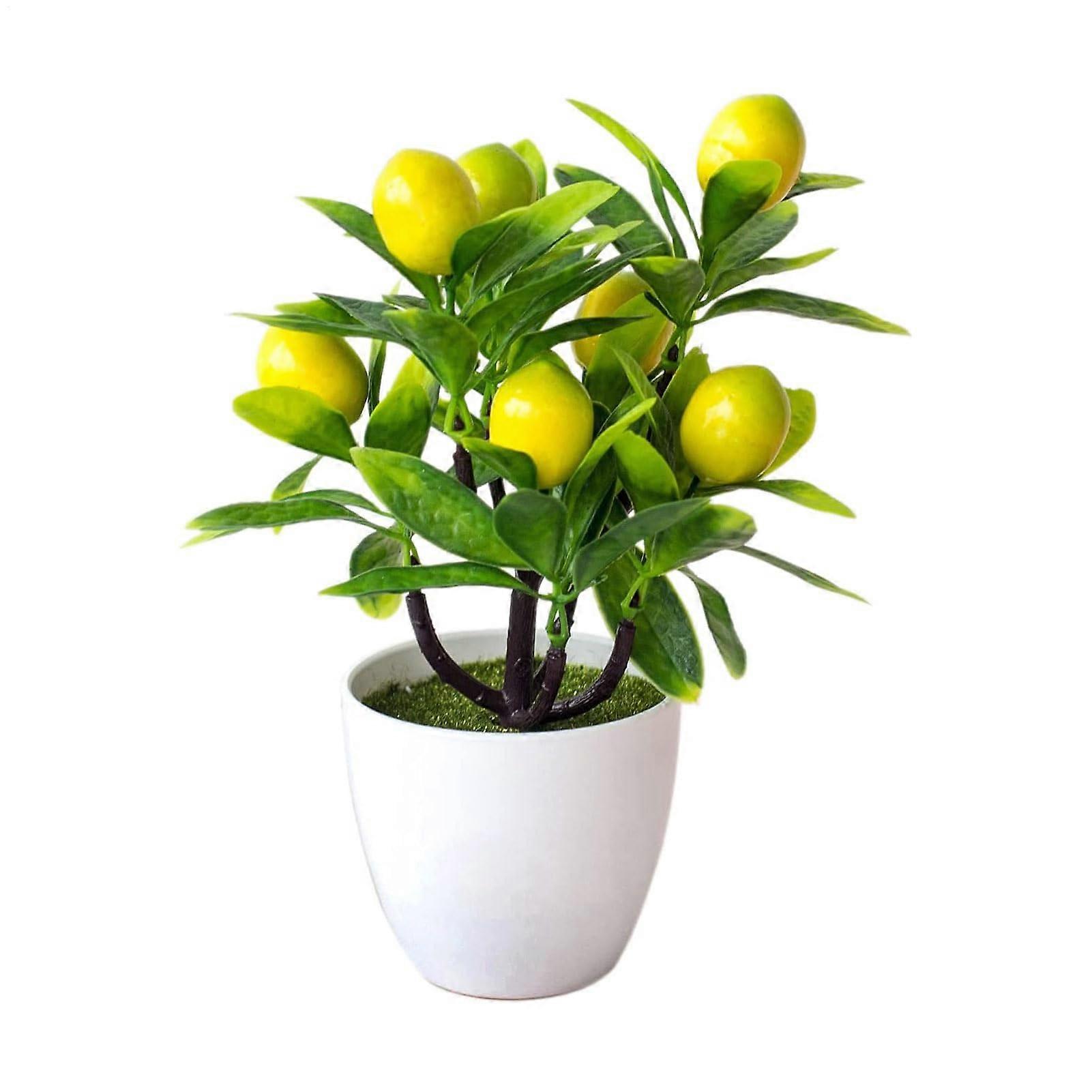 Artificial Lemon Tree Potted Plant, 24 cm, White Plastic In Pot, Indoor Decor With Lemon Branches And Fruits