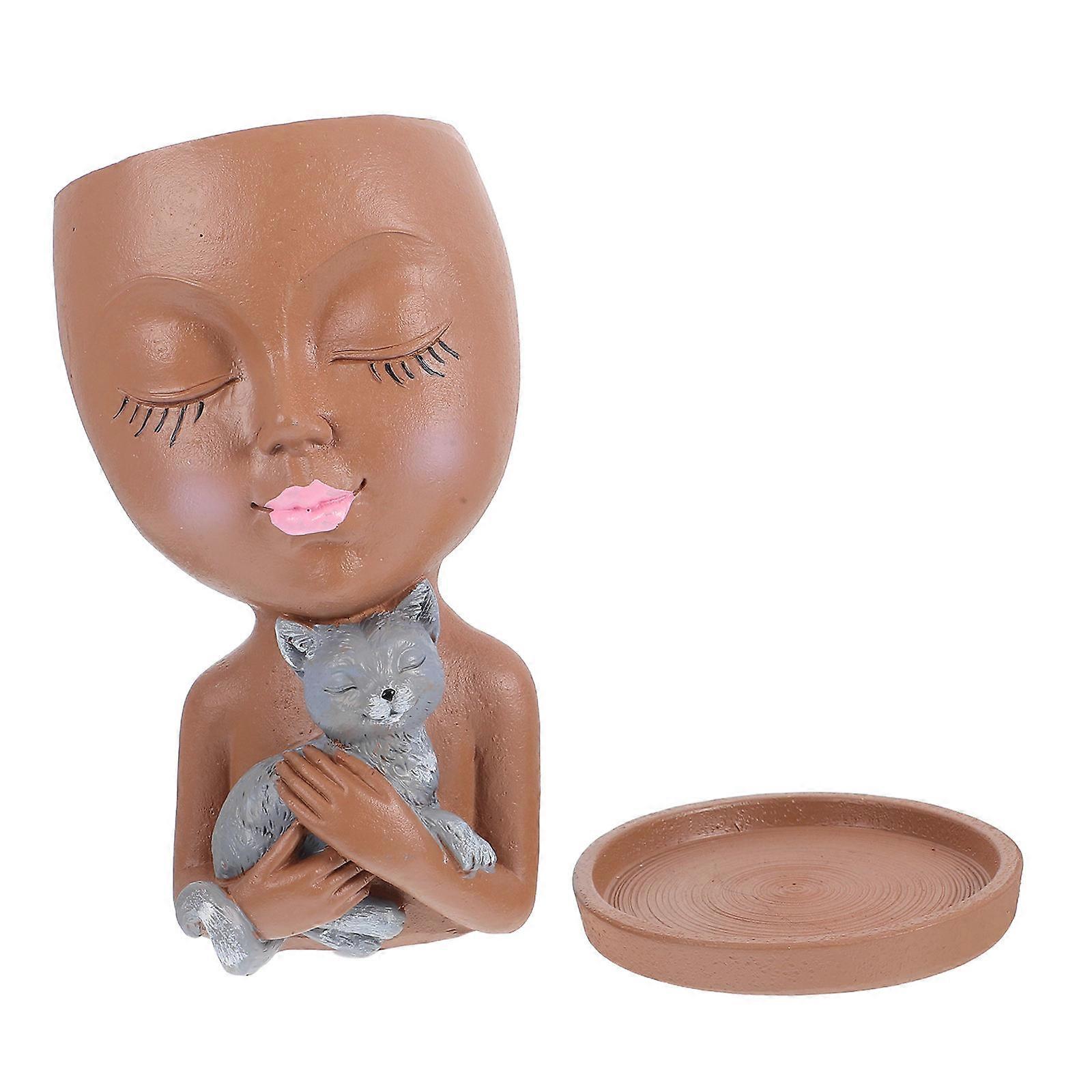Whimsical Face Planter Cat Hugging Flower Pot Resin Indoor Decorative Plant Pot For Succulent Lovers 1Pack
