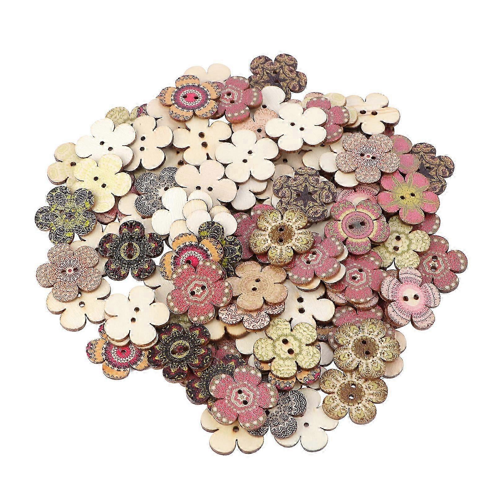100pcs Wooden Clothes Button DIY Flower Shaped Buttons Colored Drawing Button