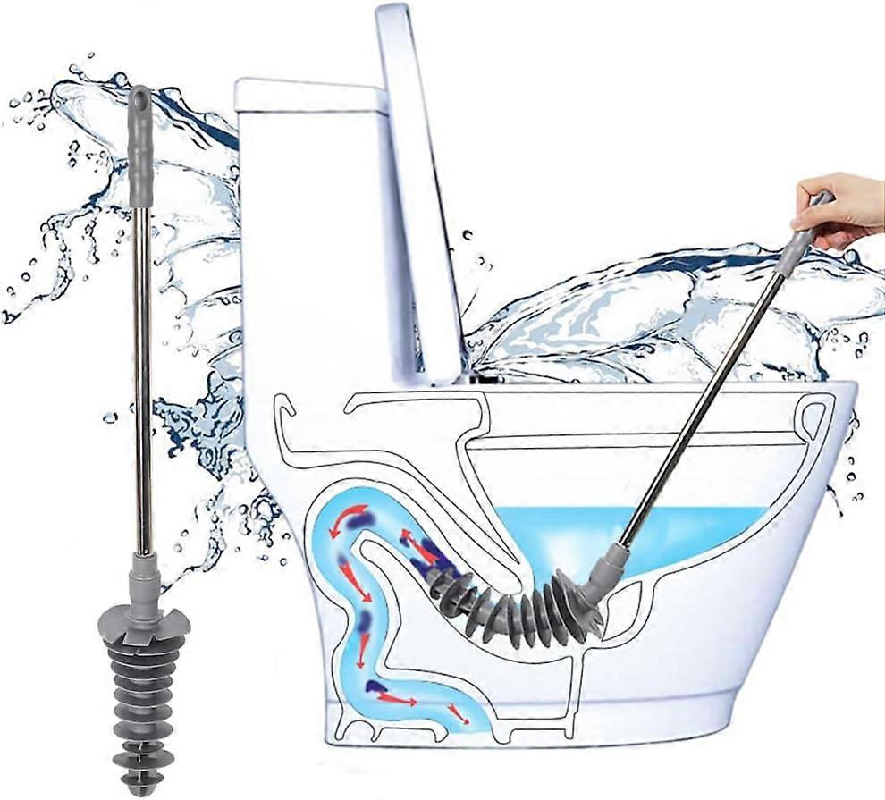 Piston Toilet Plunger with Enlarged Unblocking Head, Soft Rubber Head, Stainless Steel Handle Toilet Unblocking Pipe, Suitable for All Toilets.grey