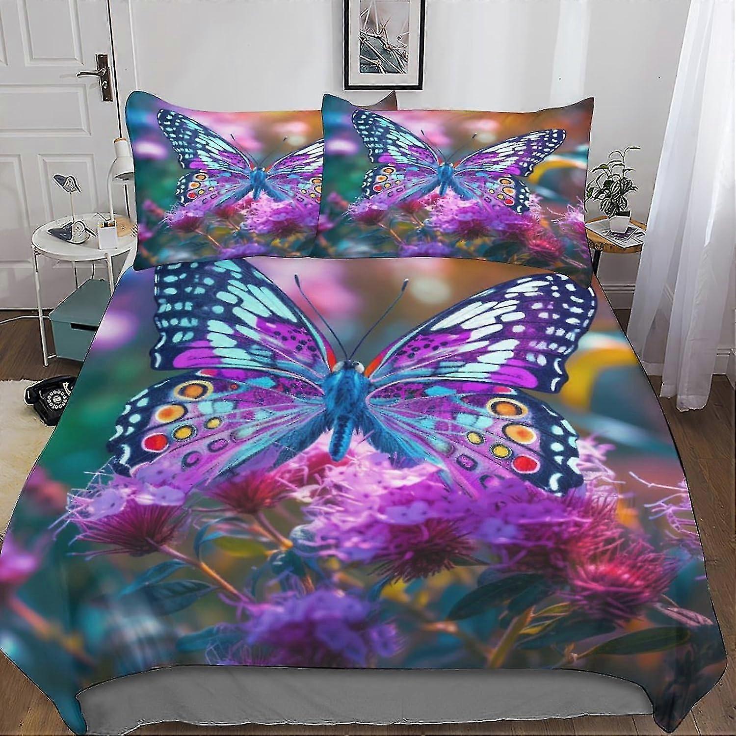Conjunto de cama de borboleta de flor colorida 3D Capa de edredom Capa de colcha de microfibra macia com fronhas, conjunto de capa de edredom de 3 peças