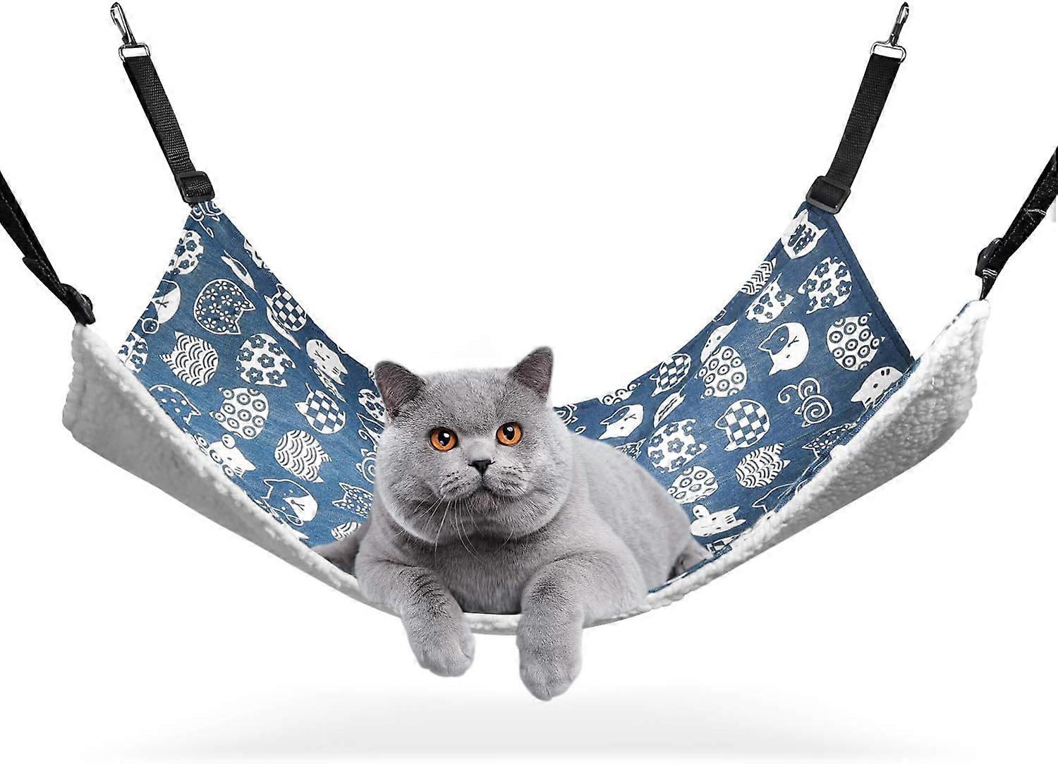 Reversible Cat Hammock with Adjustable Straps and Metal Hooks, Double Sided Hanging Pet Hammock Bed ,Blue 22 x 18.5 inch