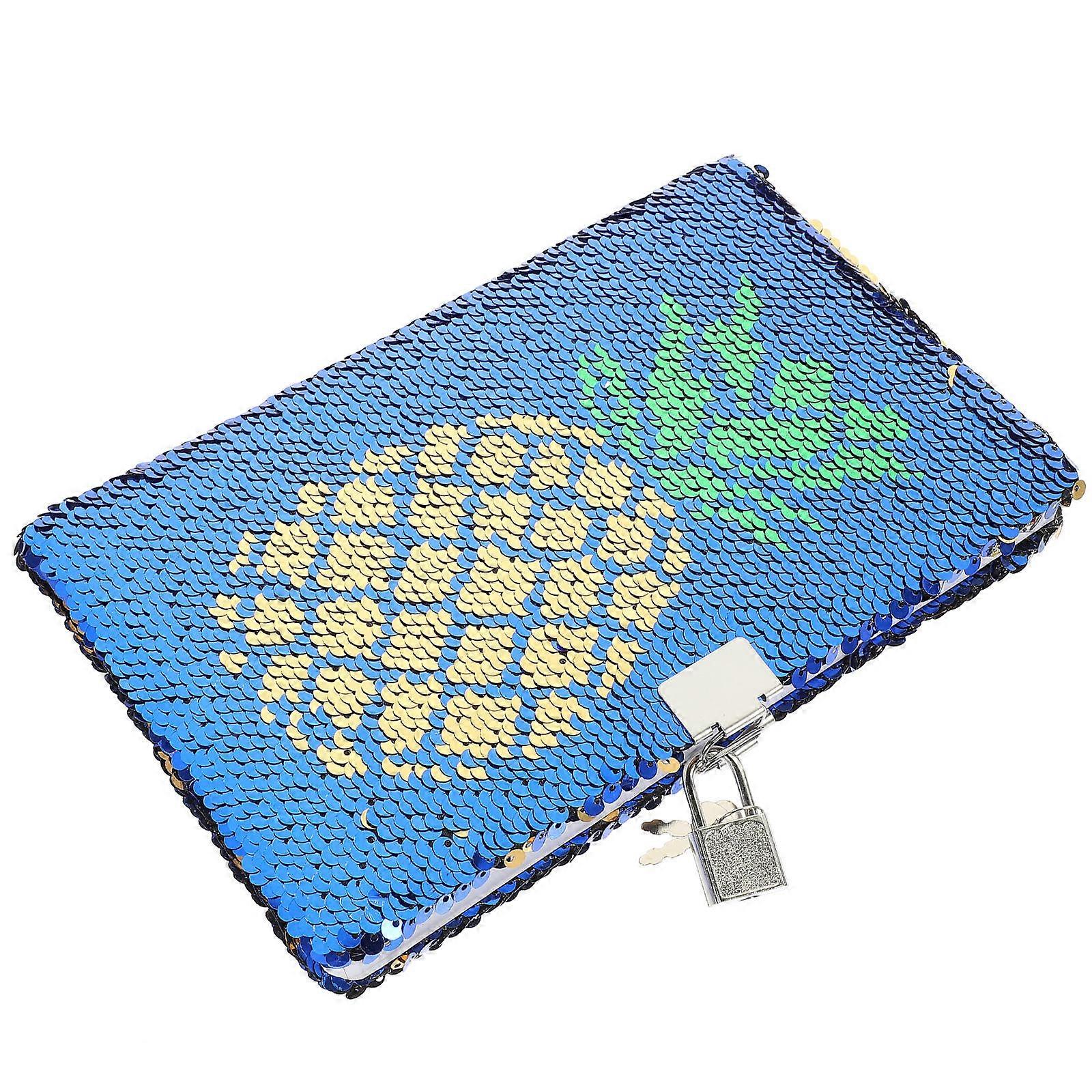 Shiny Notebook Diary Sequin Cover Reversible Shell Shape Blue 21X14CM A5 Size Lockable For Daily Life 1Pcs