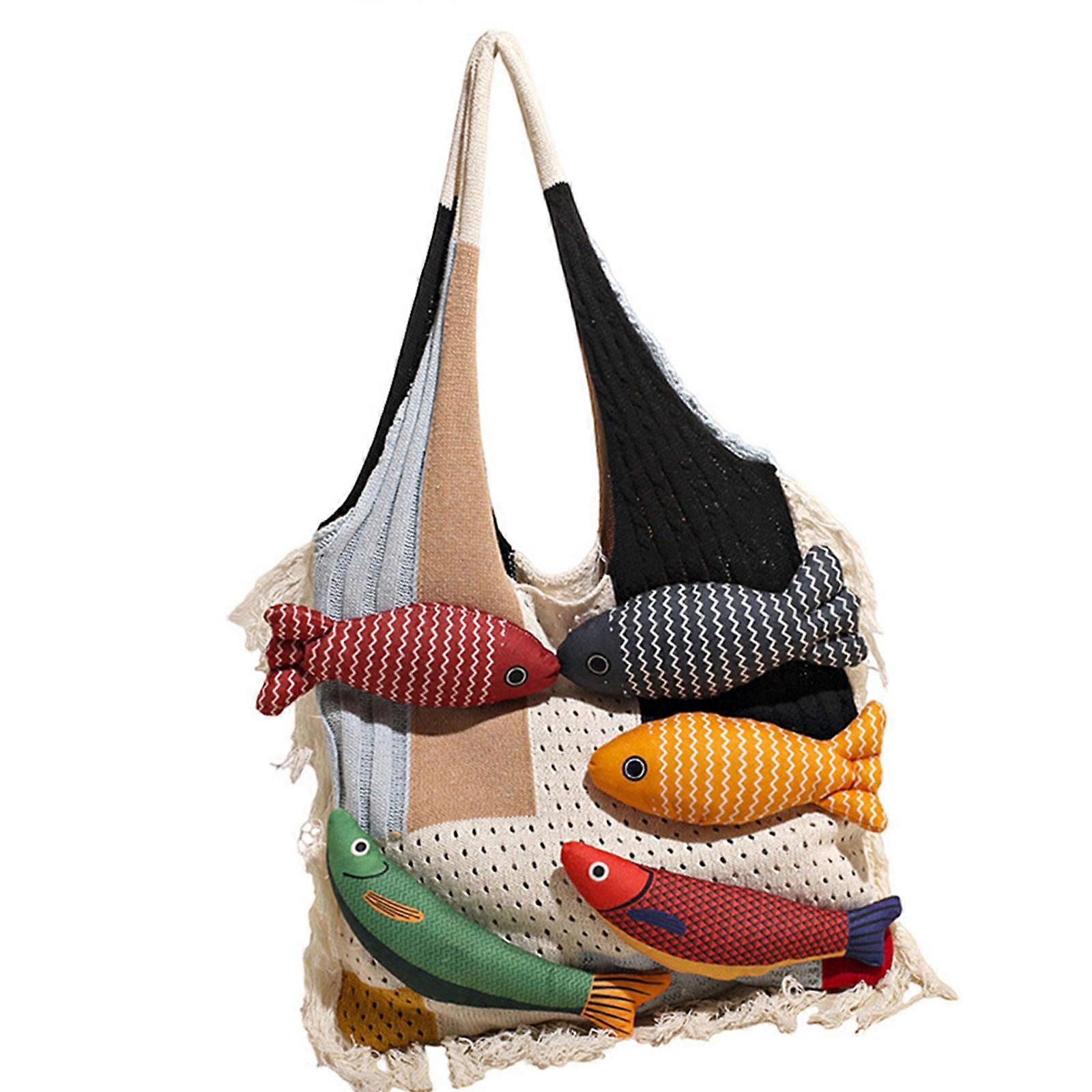 Trendy Patchwork Fish Pattern Oversized Knit Bag Multipurpose Carryall For Daily Use Laptop Books Cosmetics Practical Polyester Construction  White