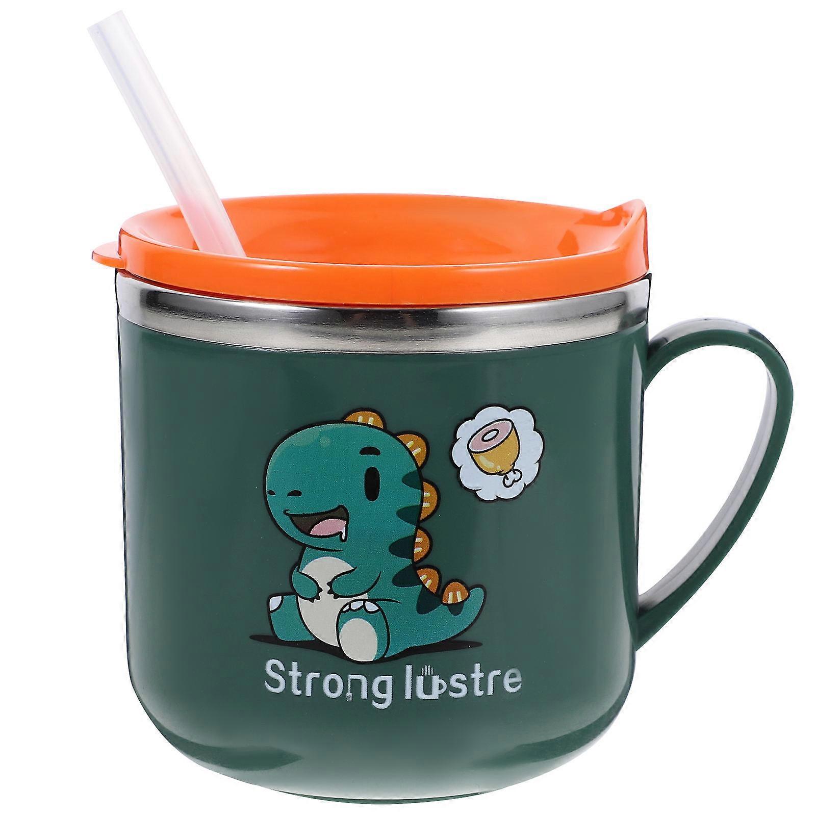 Stainless Steel Insulated Milk Cup with Straw and Handle, Scalding Resistant Design, Cartoon Dinosaur Style for Travel and Daily Use