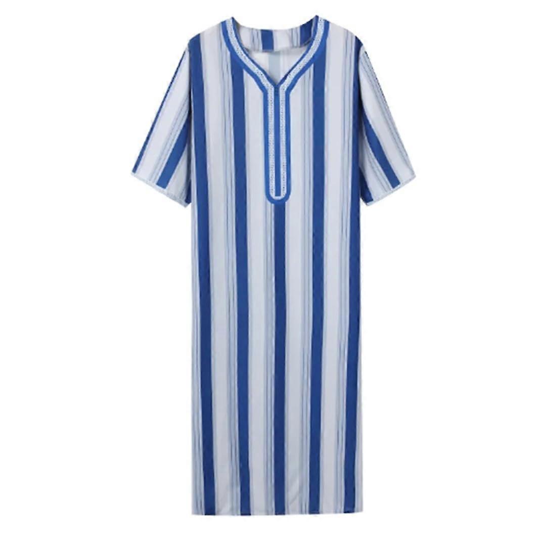 Men's Traditional Muslim Saudi Arabian Kaftan Striped Kaftan Robe Arabic Abaya Middle East XL Light Blue