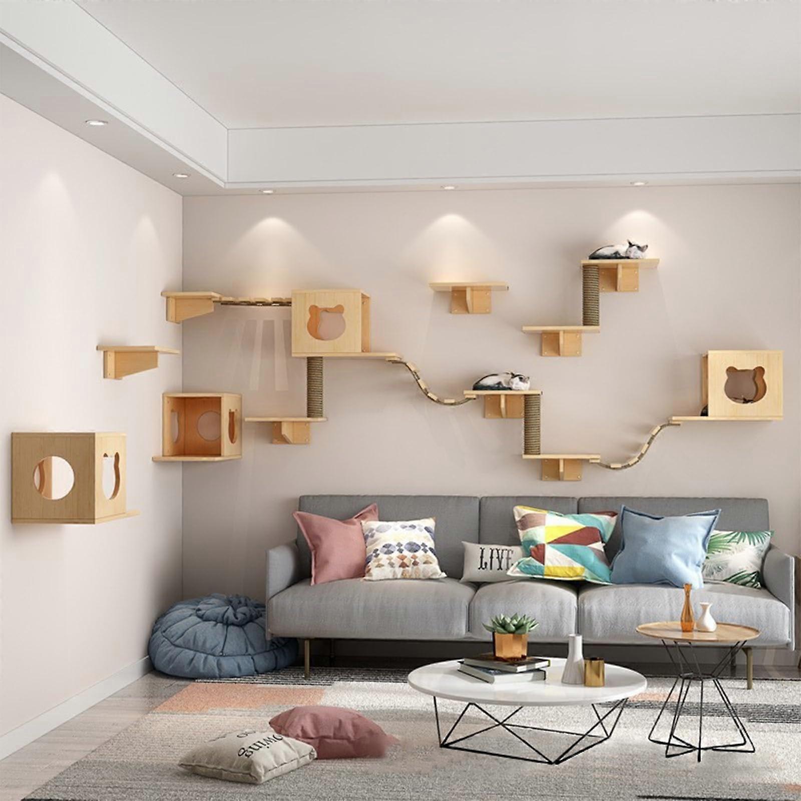 Cat Wall Climbing Furniture Set with Solid Wood Cat House, Stairs, Scratching Post and Jump Board