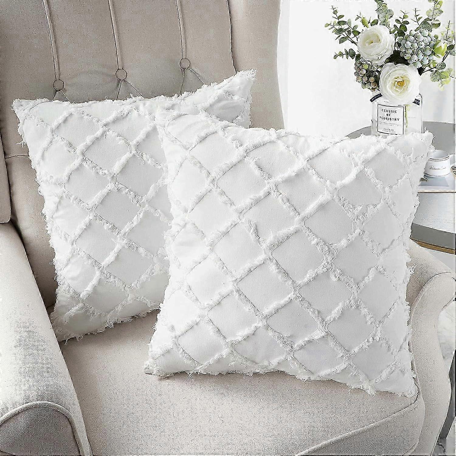 Boho Throw Pillow Covers 18x18 Set of 2, Ivory White Decorative Cus...