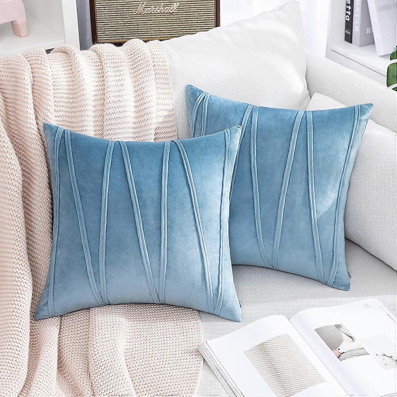 2X Boho Velvet Throw Pillow Decorative Soft Solid Outdoor Cushion For Couch Bed Sofa (inserts + Pillow Covers, Light Blue)