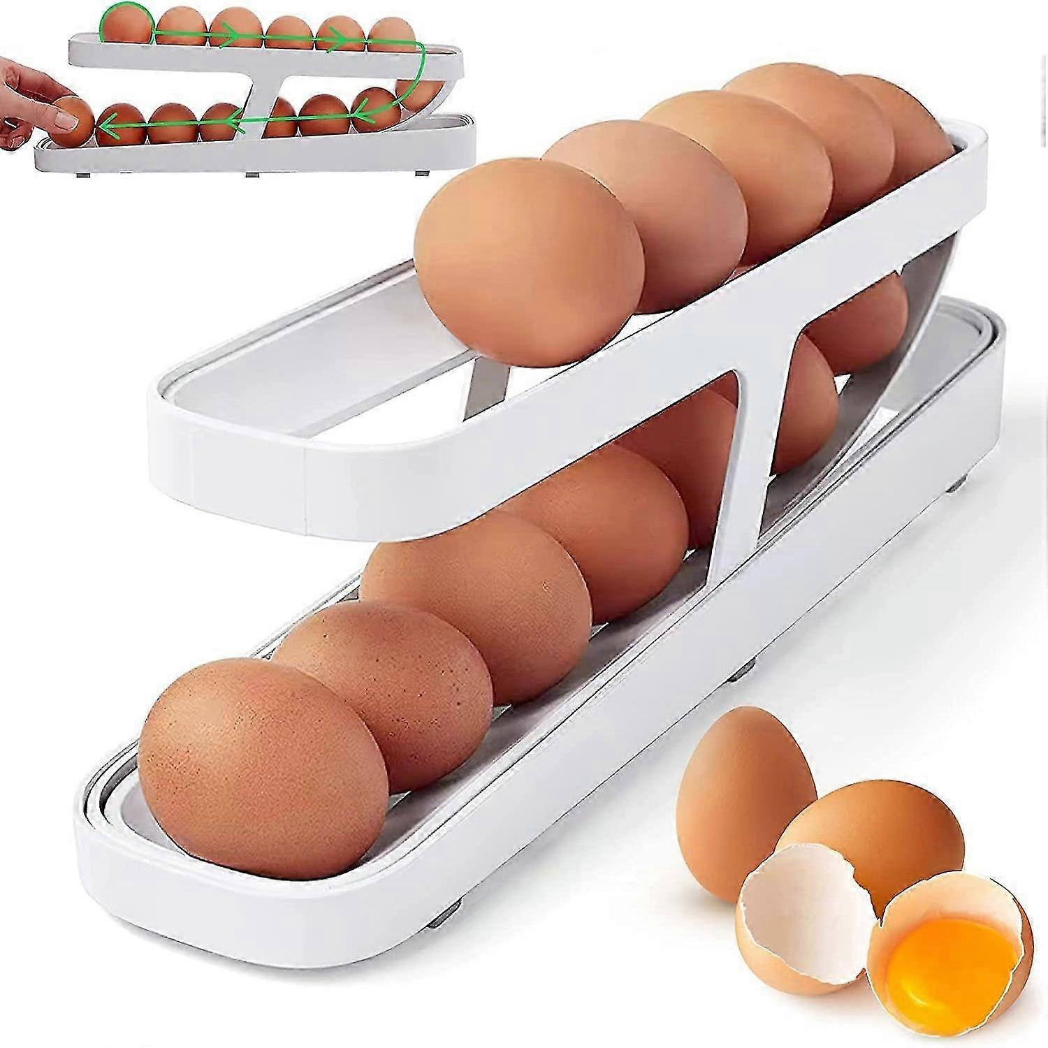 Rolling Egg Holder Egg Rack,  White 2 Tier Egg Dispenser Egg Storage Egg Holder for Kitchen