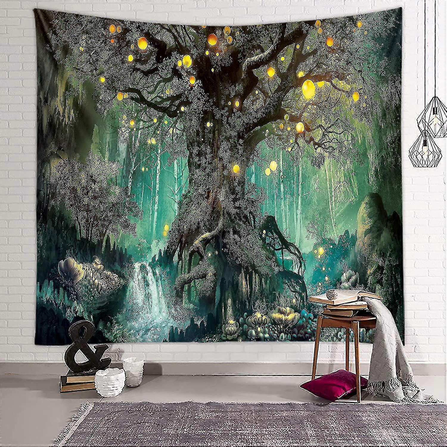 Tree Of Life Tapestry,waterfalls With Elves Under Old Enchanted Tree Tapestry, Psychedelic Forest