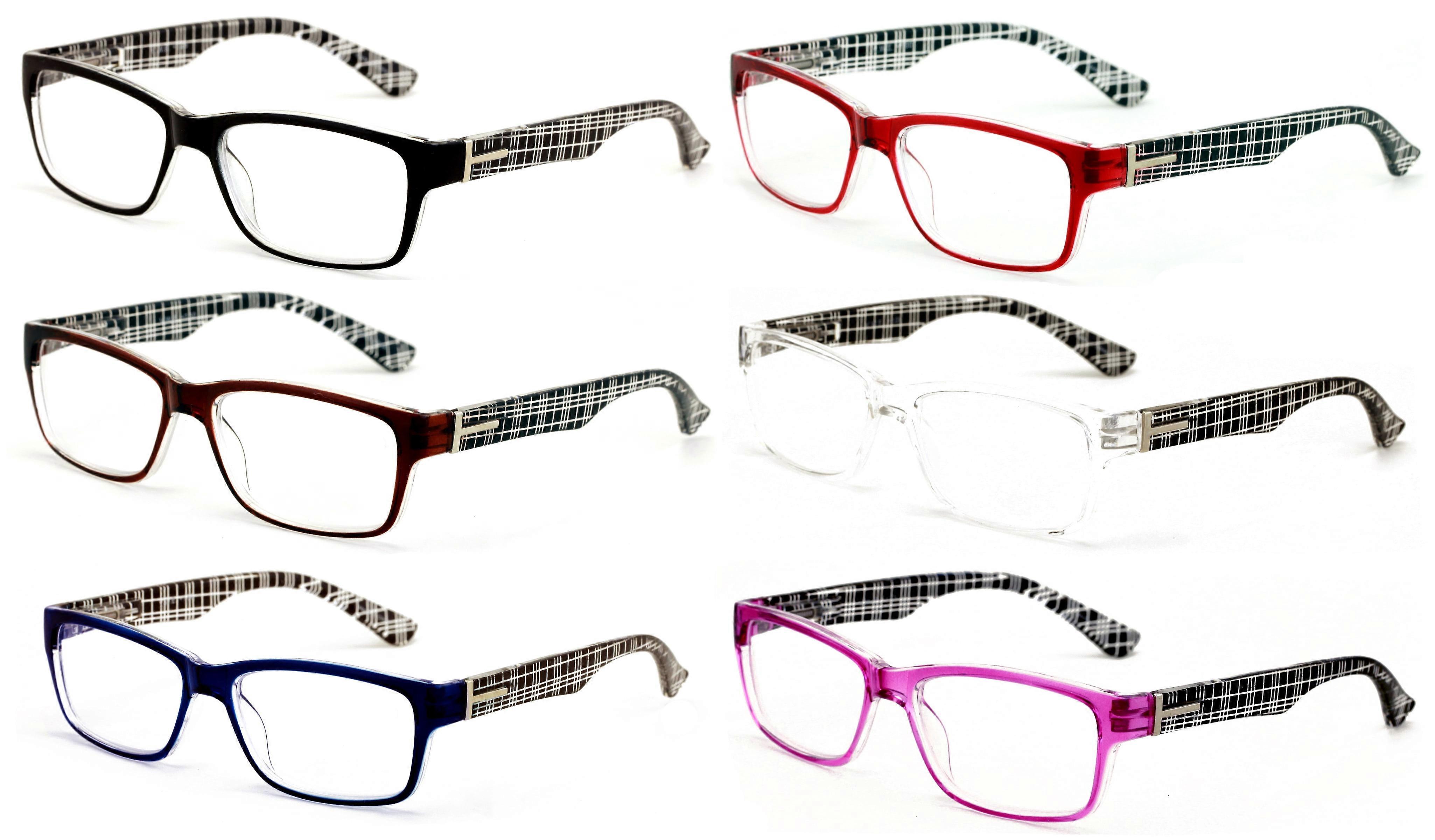 6 Pairs Comfortable Modern Rectangular Lightweight Reading Glasses - Clear Lens Reader Plaid Stripe Men Women 7017 +2.25