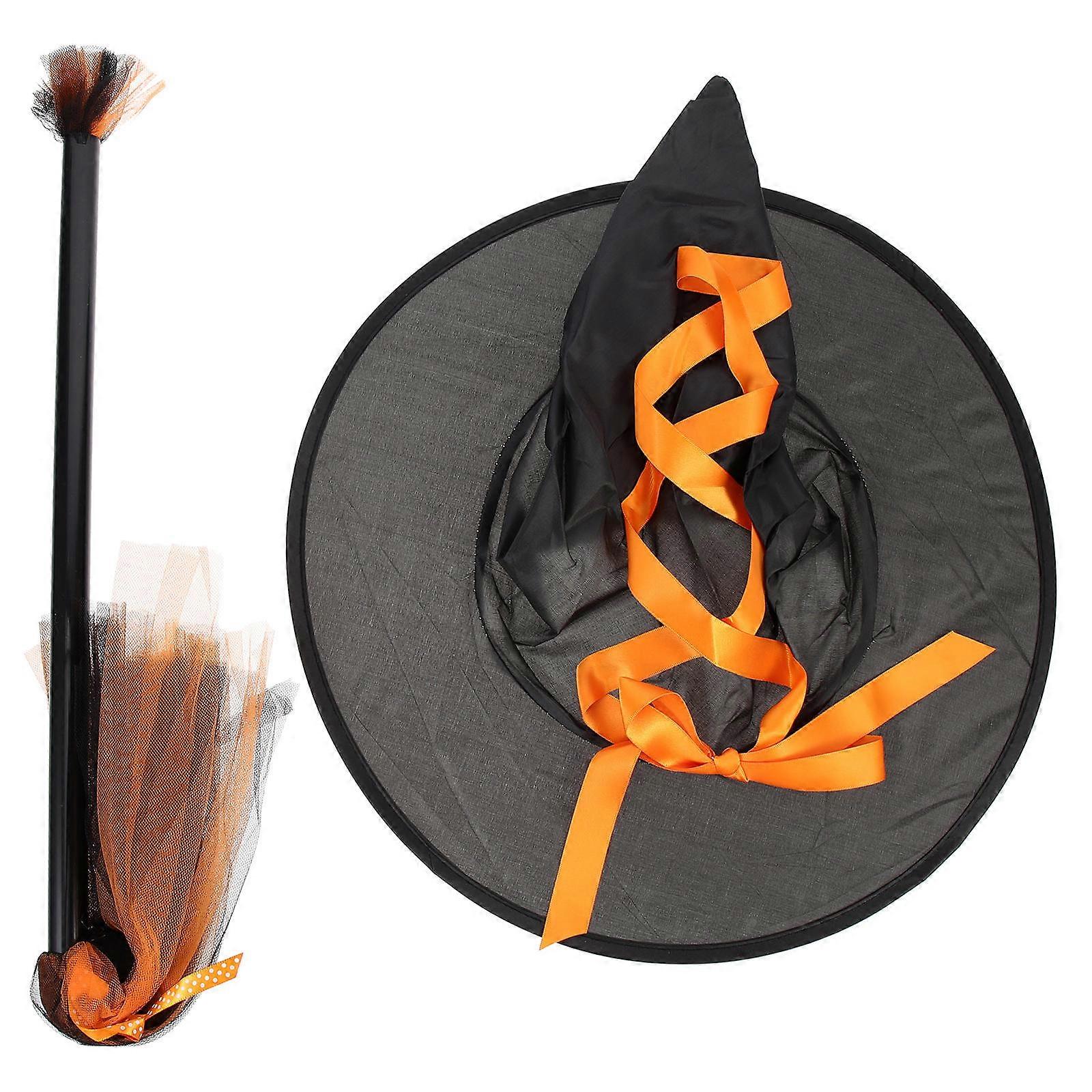 Halloween Witch Hat Broom Set for Party Use 2Sets Orange Costume Kit