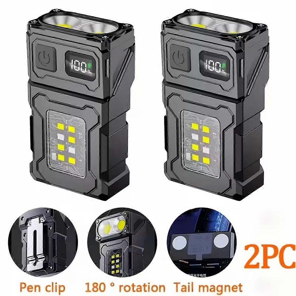 Grundig 2 Pack Multi Function Flashlights 180° Rotatable Head Magnetic Base USB C Rechargeable 1200mAh Power Bank LCD Display Portable Work Light Set
