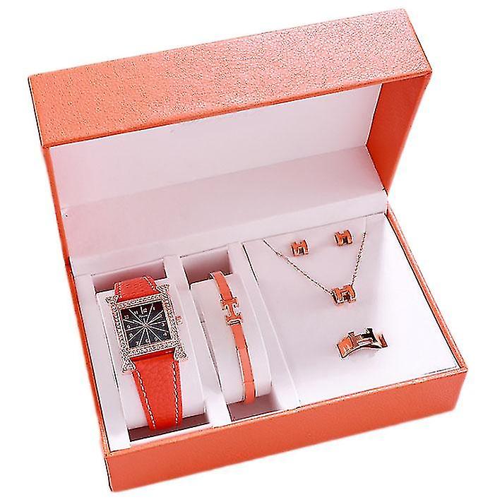 Ensemble 5 pièces Montres à quartz carrées pour femmes Bracelet Bague auriculaire Clous Collier
