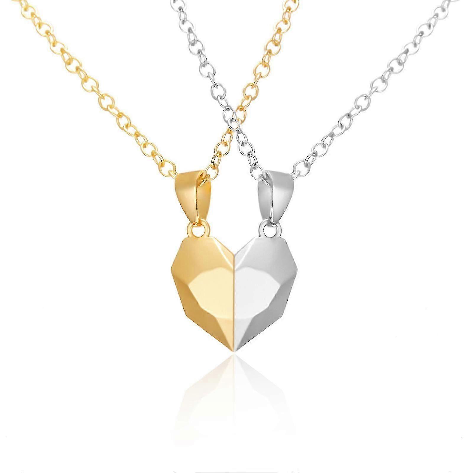 Couple Magnetic Locking Heart Pendants with Silver & Gold Chains
